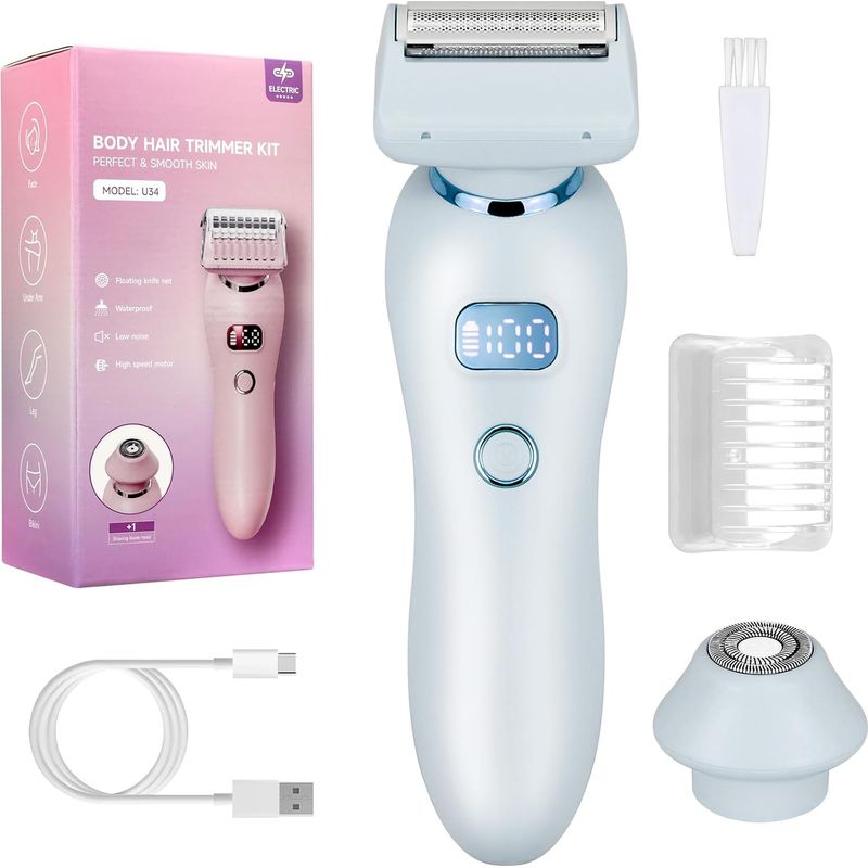 Wasserdichter 2-in-1-elektrorasierer Für Damen Mit Led-anzeige, Für Nass- Und Trockenrasur, Schmerzfreie Haarentfernung Für Gesicht, Beine, Achseln, Bikinizone Und Schamhaare, Usb-c-aufladbar, Blau