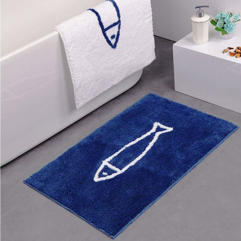 Rutschfeste Badematte, Blau Und Weiß, Fischmuster, Rutschfeste Badematte, Schnell Trocknend, Küchenmatte, Badezimmerteppich (50 X 80 Cm, Blau)