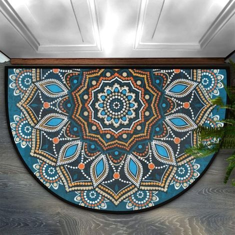 Runde, Halbkreisförmige Mandala-fußmatte In Blau, Halbkreisförmiger Teppich Für Den Innenbereich, Rutschfeste, Halbkreisförmige Eingangsmatte Für Bad, Küche, Wohnzimmer – 6090 Cm