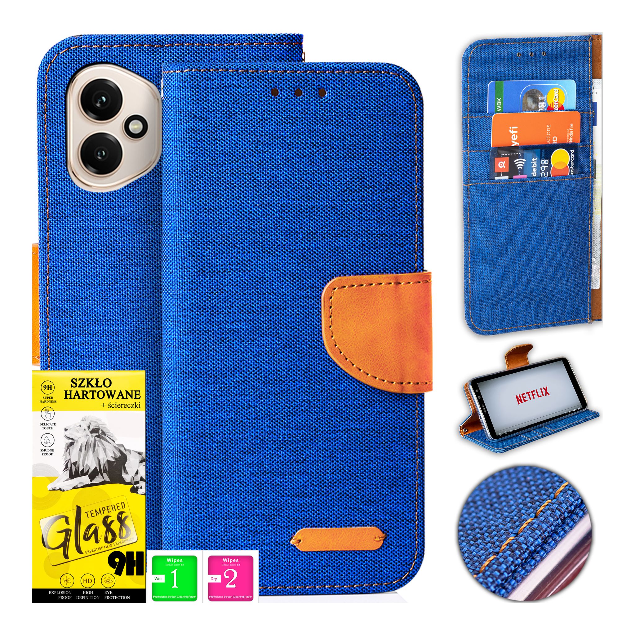 Honor 400 Hülle, Canvas-hülle, Magnet-geldbörse + 9h Glas-geldbörse
