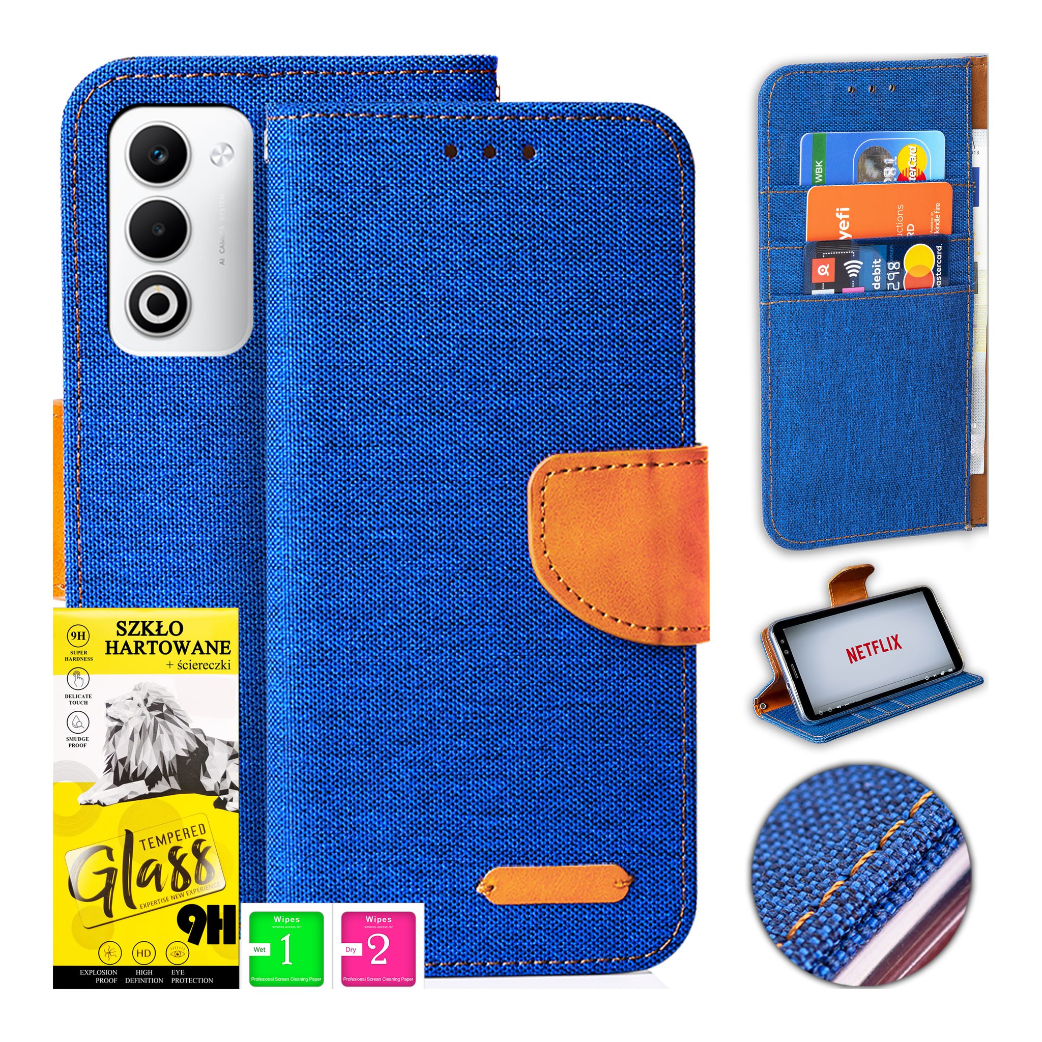 Oppo A5 5g Schutzhülle Aus Canvas Mit Magnetverschluss Und Brieftaschenfunktion + 9h-glas