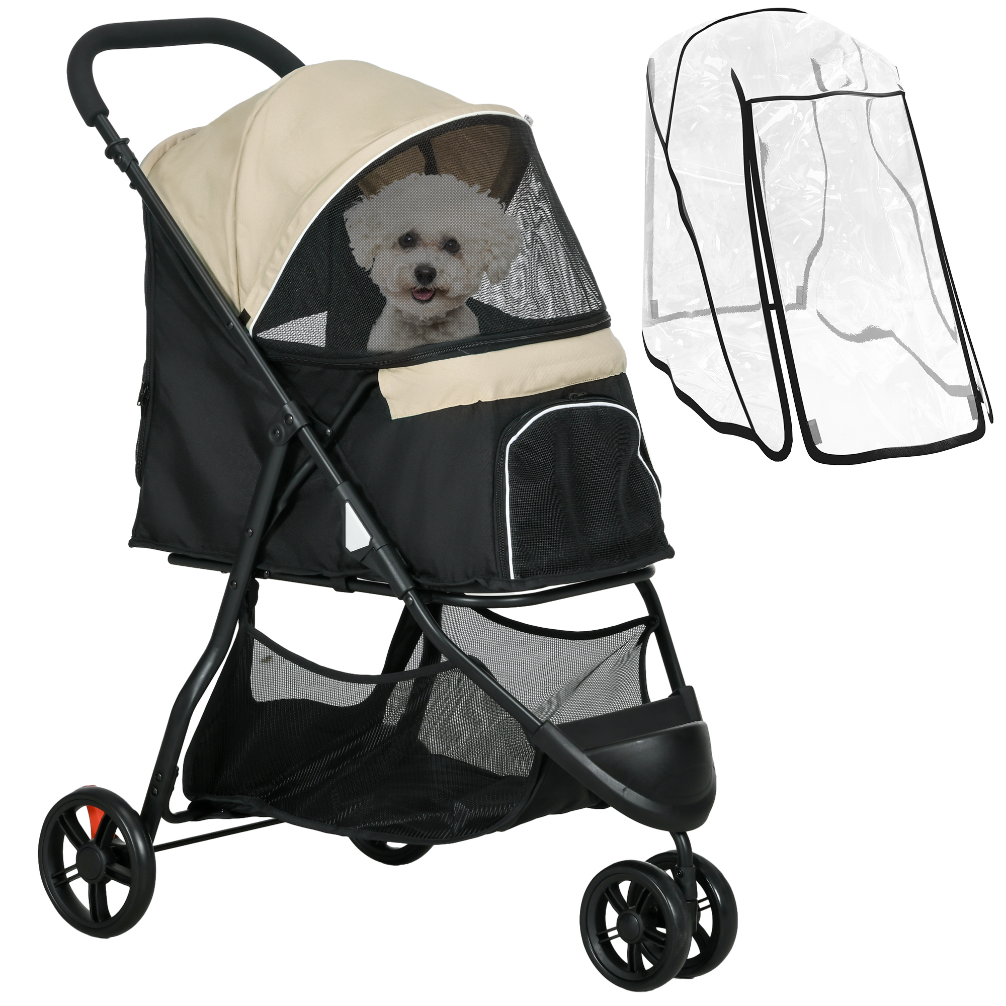 Haustierbuggy Hundebuggy, Klappbar, Mit Regenschutz, 2 Getränkehalter, Blau + Khaki