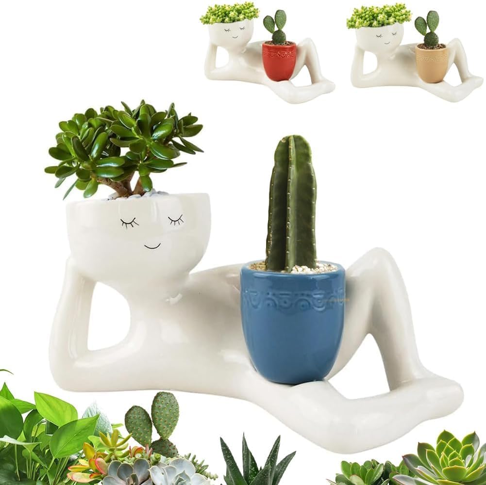 Blumentopf Aus Kunstharz Mit Lächelndem Gesicht, Doppelter Drainage, Längliche Form Für Sukkulenten Und Kakteen (blau)