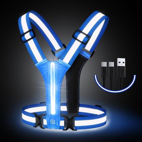 Wiederaufladbare Led-sicherheitslaufweste Per Usb, Blau, Mit Sicherheitsanzeige Und Reflektierendem Gürtel, Laufweste Mit 3 Beleuchtungsmodi, Zum Joggen, Campen Usw.
