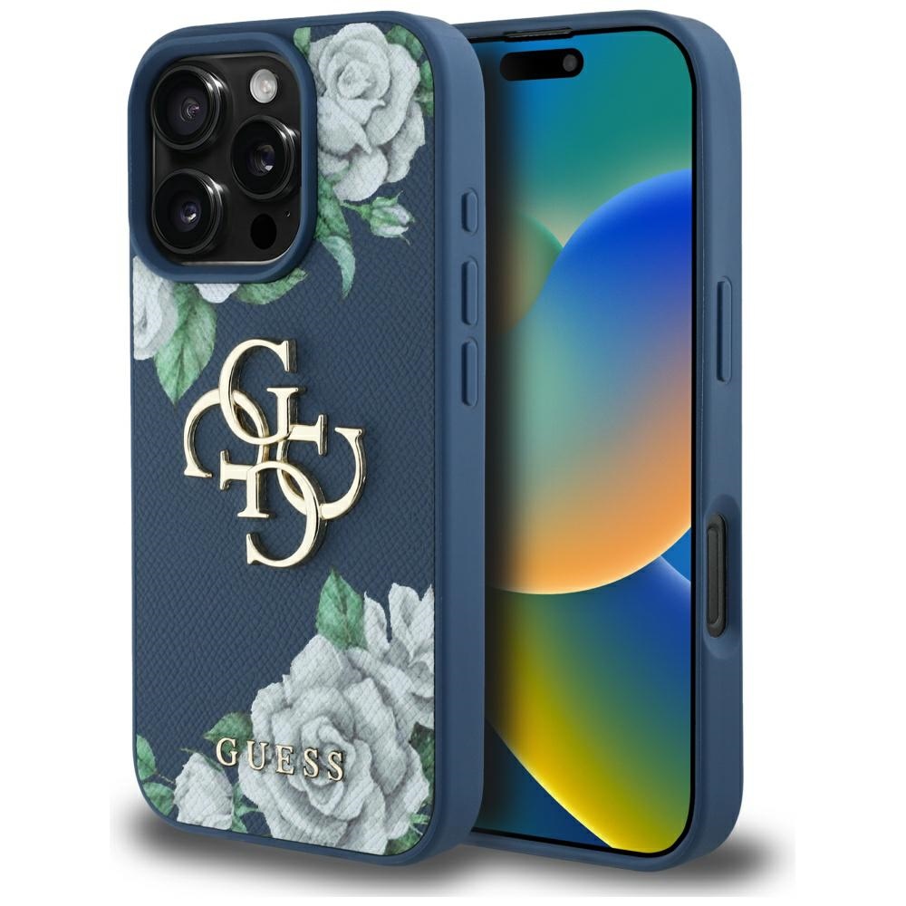 Guess Grained Roses Big 4g Logo Hülle Für Iphone 16 Pro Max Blau