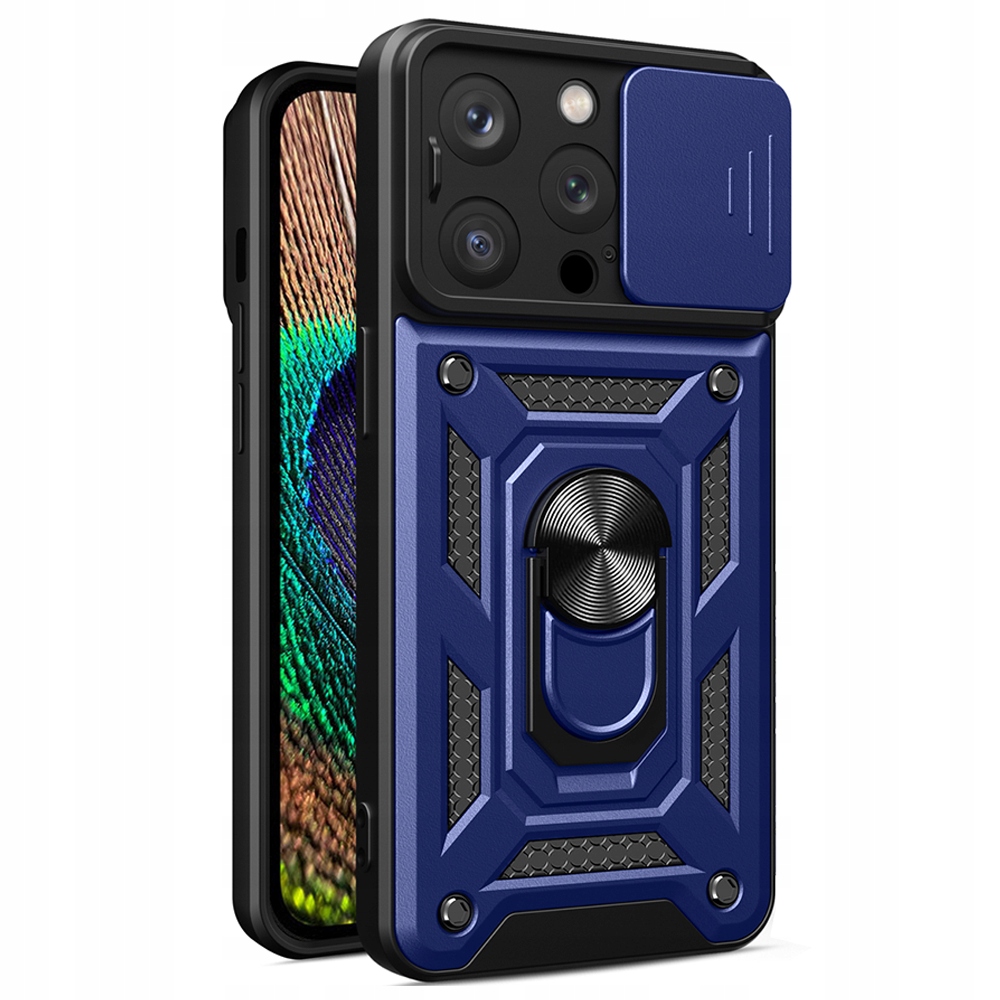 Hybrid Armor Camshield Schutzhülle Mit Ständer Und Kameraabdeckung Für Iphone 15 Pro – Blau