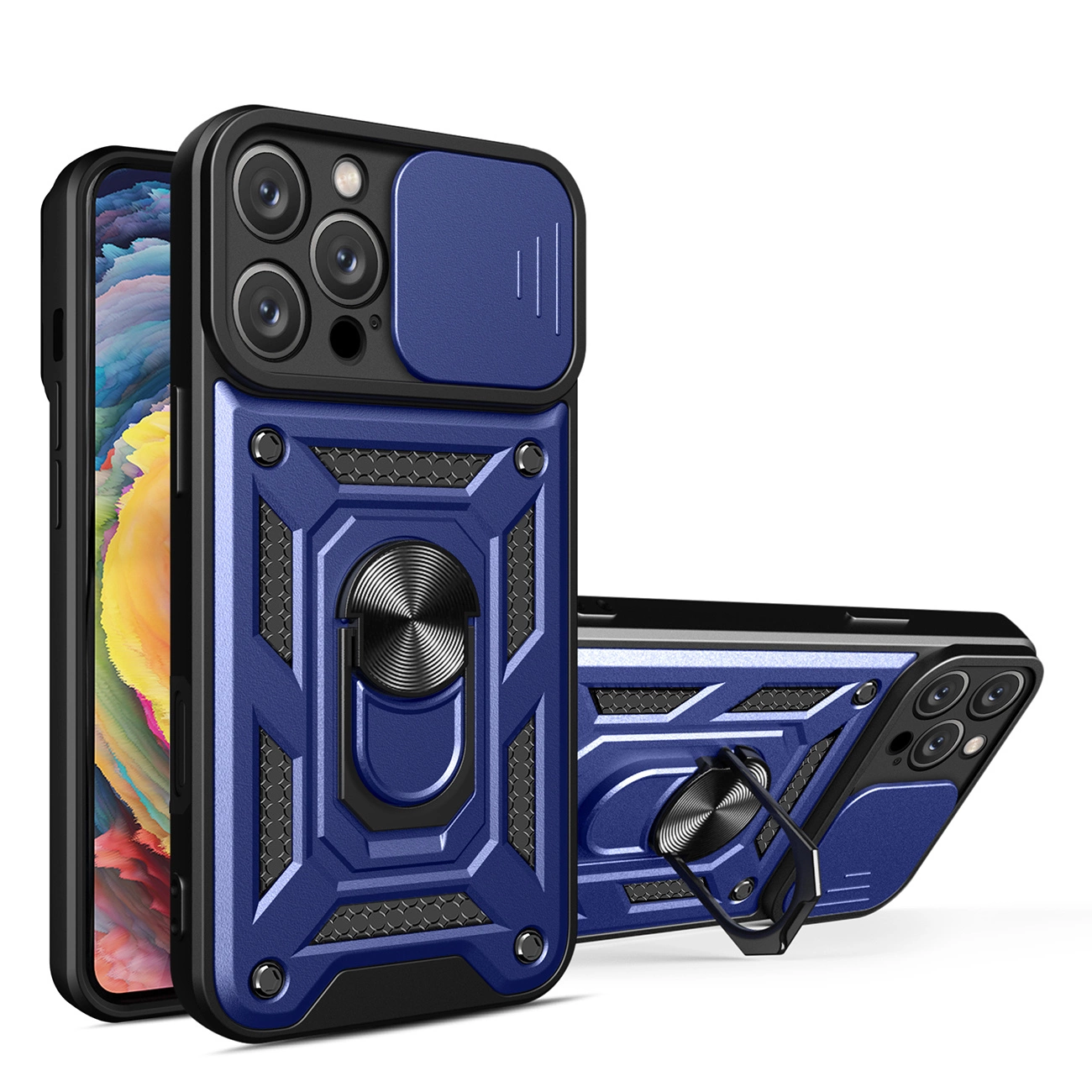 Hybrid Armor Camshield Hülle Für Iphone 16 Pro Mit Kameraabdeckung Und Ständer – Blau