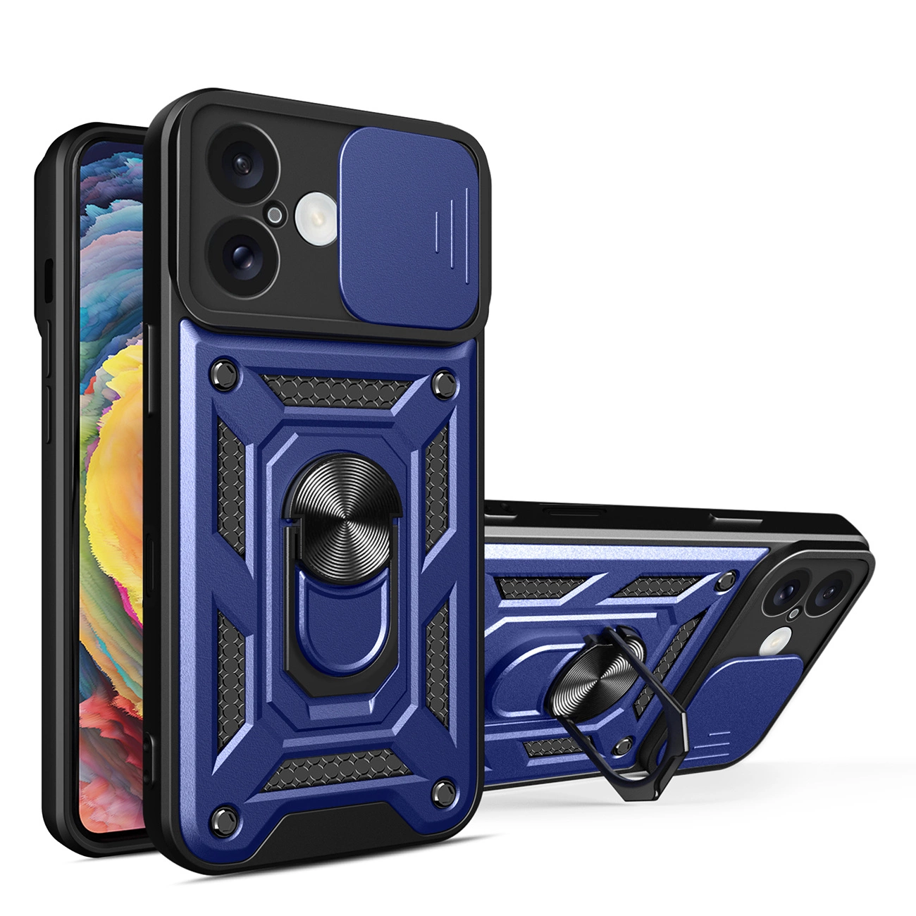 Hybrid Armor Camshield Iphone 16 Hülle Mit Kameraabdeckung Und Ständer – Blau