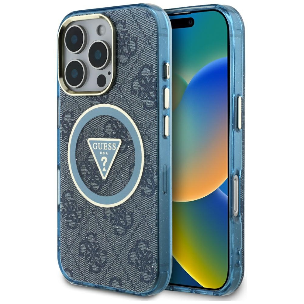 Guess Iml Metal Glitter 4g Circle Triangle Magsafe Hülle Für Iphone 16 Pro Blau
