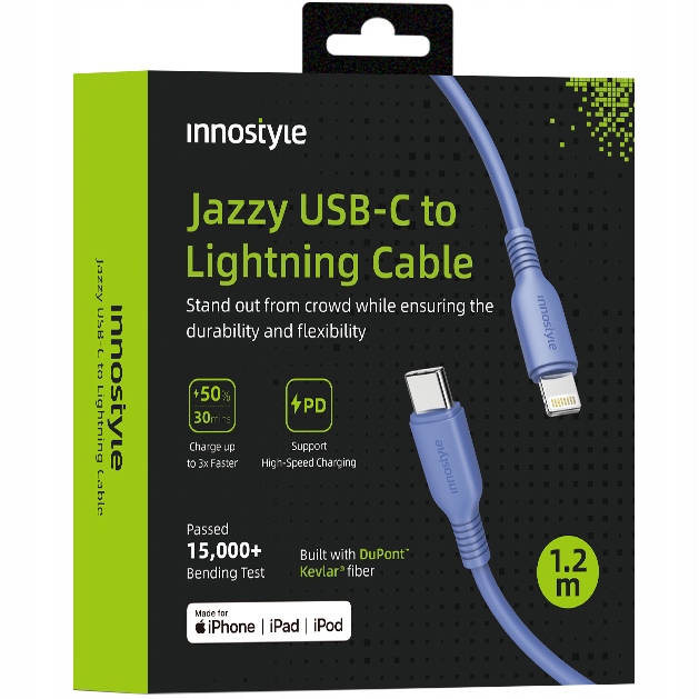 Innostyle Jazzy Usb-c Lightning-kabel, Mfi-schnellladefunktion Für Iphone, Kevlar, 1 M, Blau