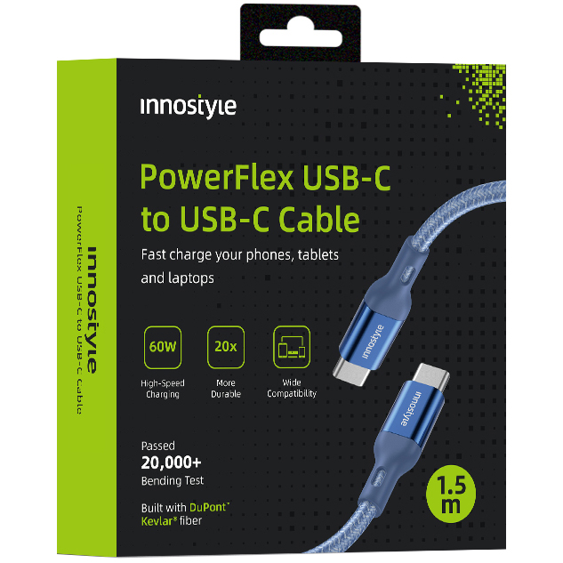Innostyle Powerflex Usb-c-schnellladekabel Für Iphone Und Samsung, 3a 60w, Kevlar, 2 M, Blau