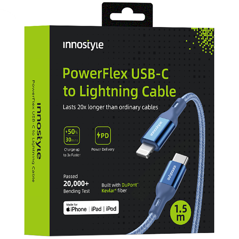Innostyle Powerflex Usb-c Lightning-kabel Mfi-schnellladefunktion Für Iphone, Kevlar, 2 M, Blau