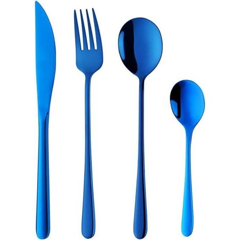 Besteckset, Edelstahlgeschirr, Tafelmesser, Gabel, Löffel, Teelöffel (blau, 4-teilig)