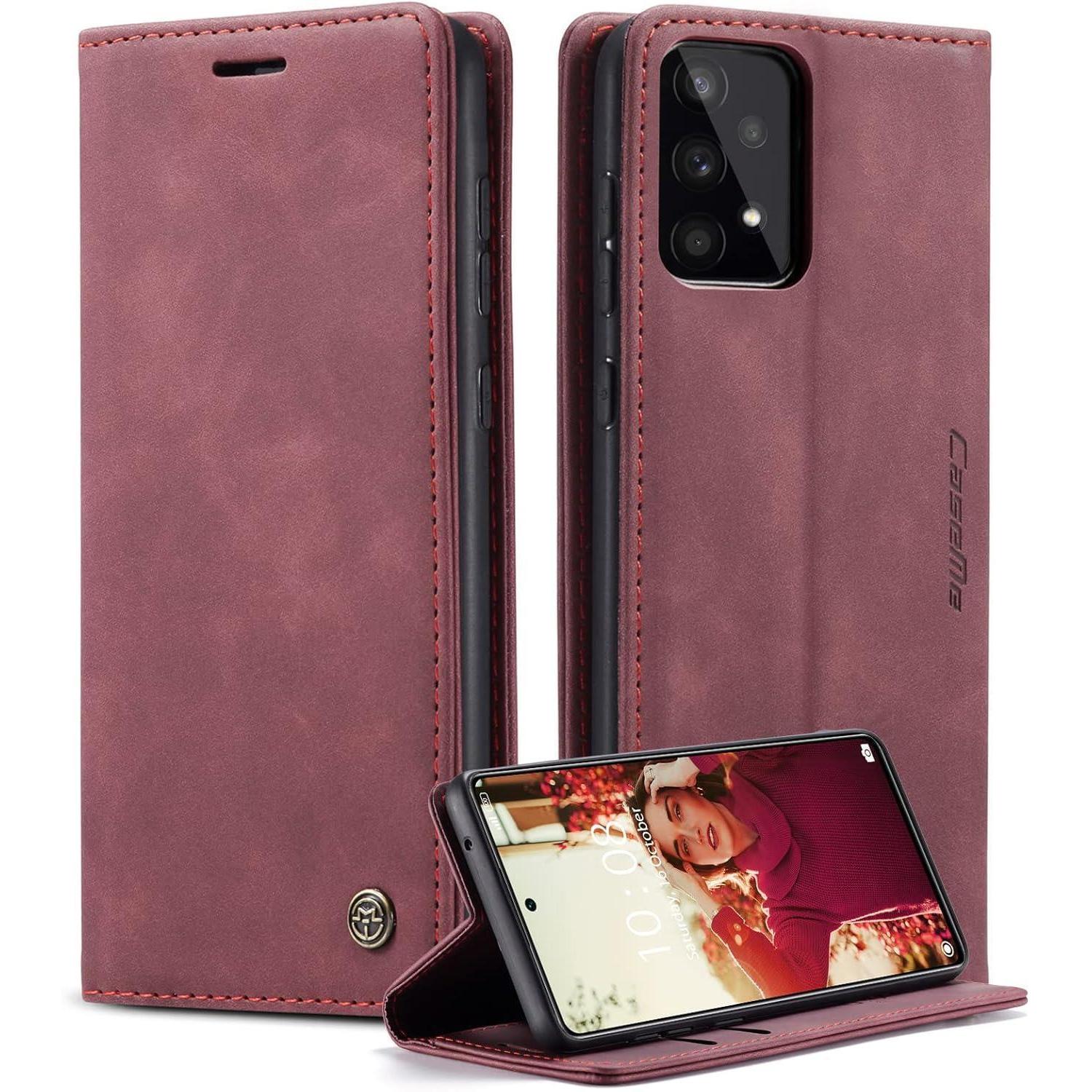 Caseme Samsung Galaxy A53 5g Hülle Leder Flip Magnet Standfunktion Weinrot