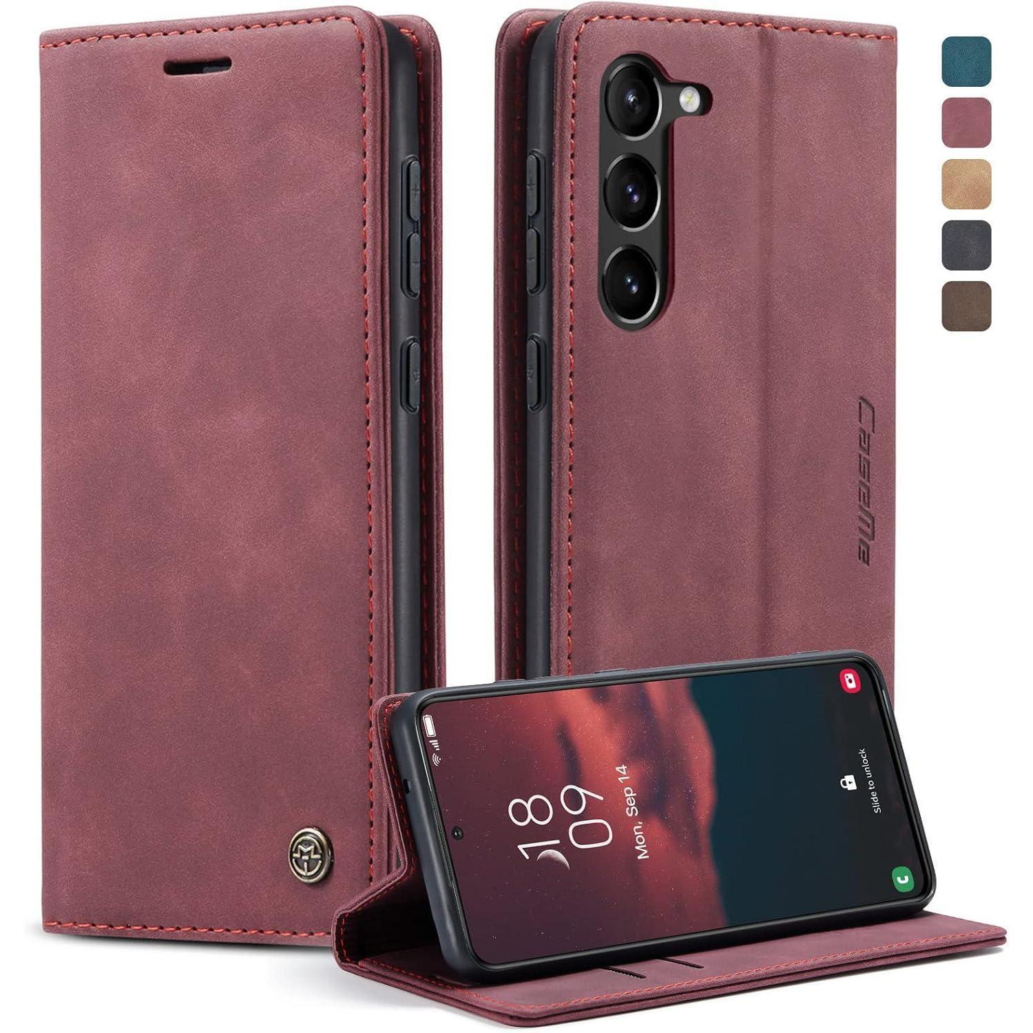 Samsung Galaxy S23 5g Handyhülle Weinrot Premium Leder Flip Case Magnet