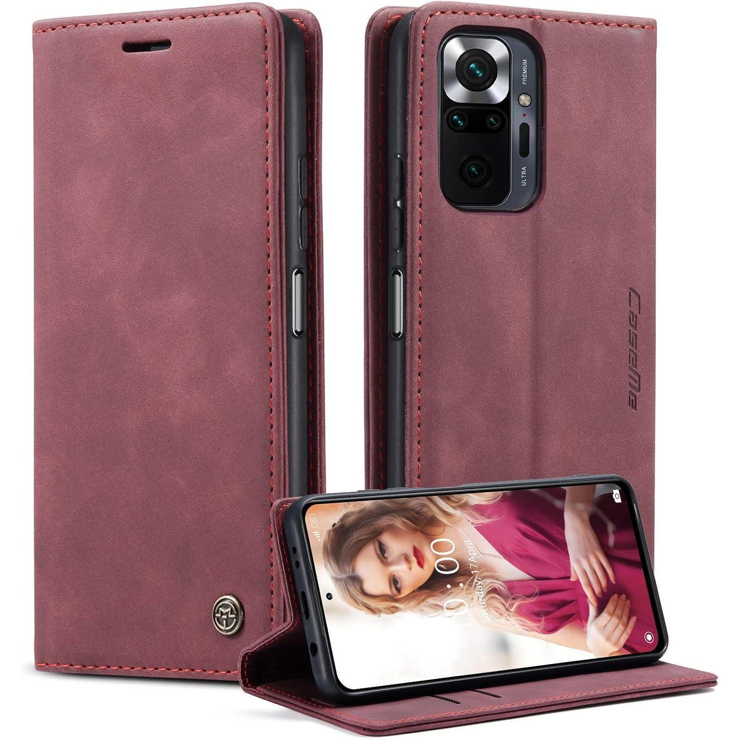 Caseme Xiaomi Redmi Note 10 Pro Max Hülle Leder Flip Case Weinrot
