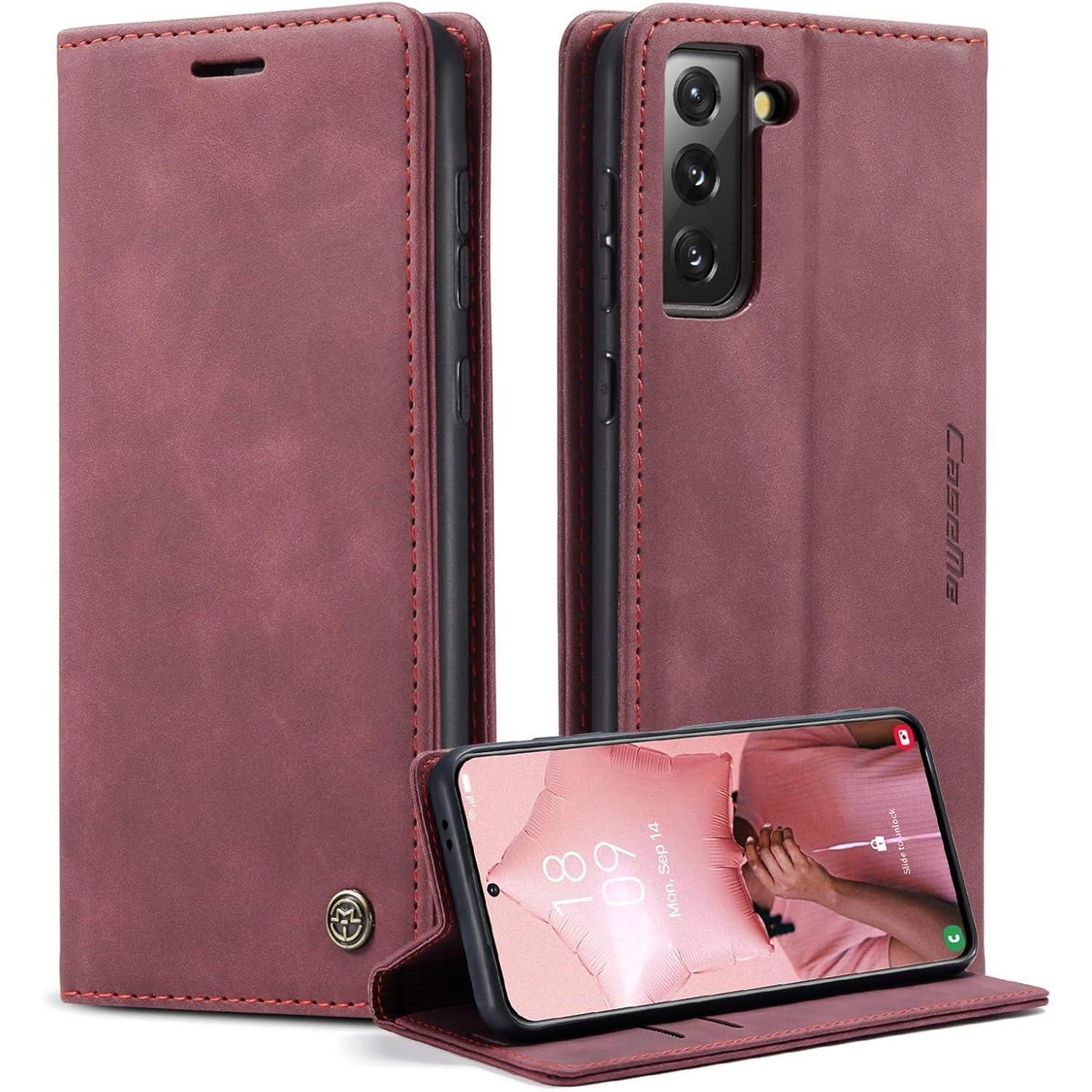 Caseme Samsung Galaxy S21 5g Hülle Leder Flip Case Magnet Stand Weinrot