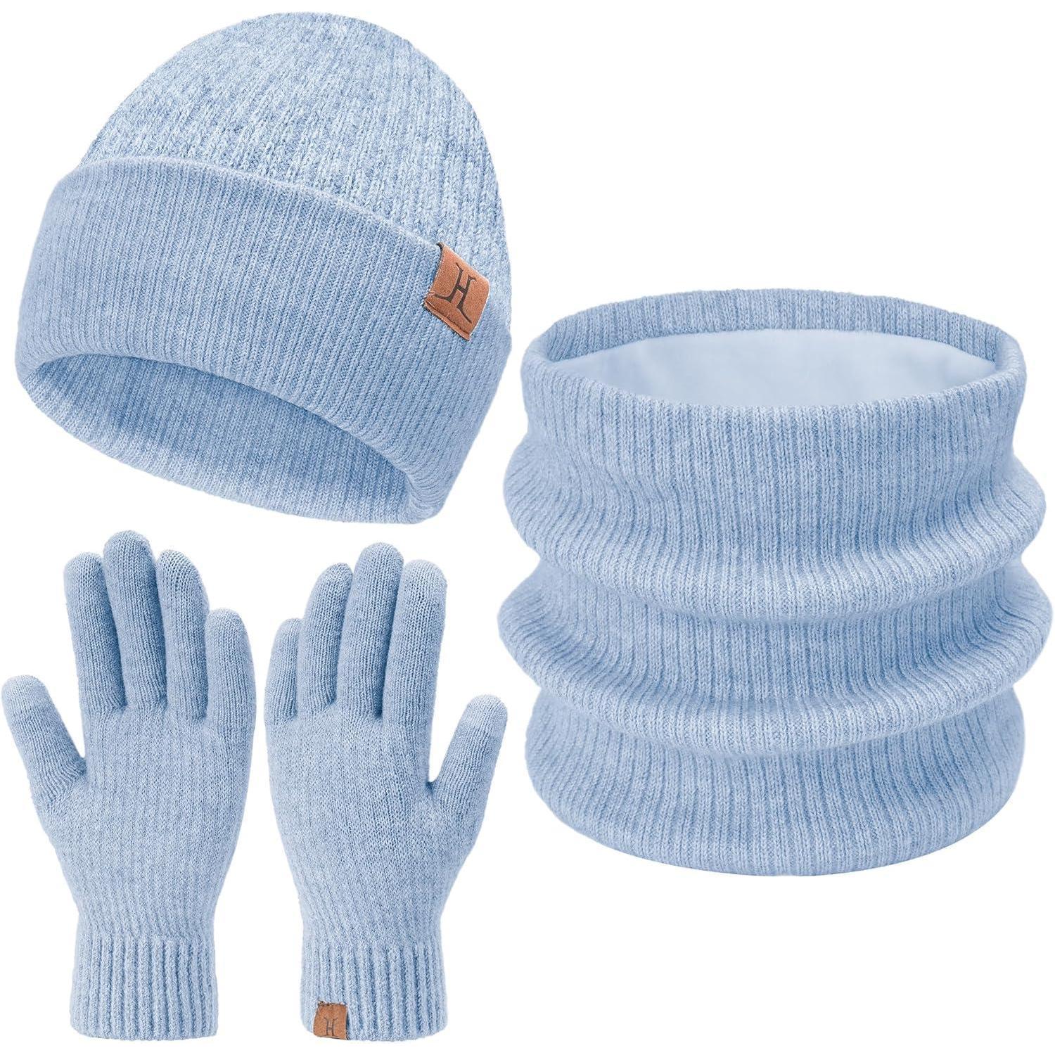 Beanie Mütze Strick Schlauchschal Set Unisex Damen Herren 3 Stück Blau