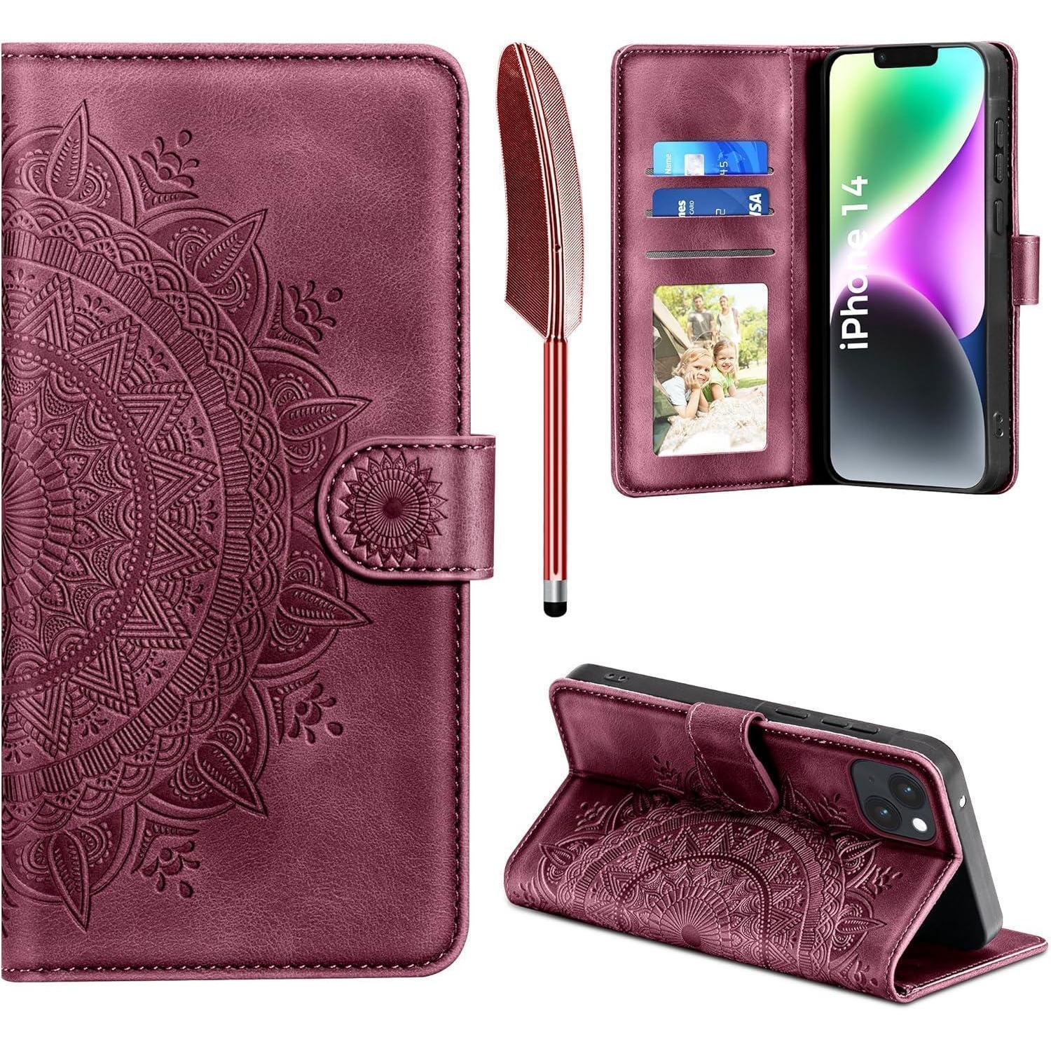 Easdnb Iphone 14 Lederhülle Flip Wallet Case Weinrot Magnet Ständer