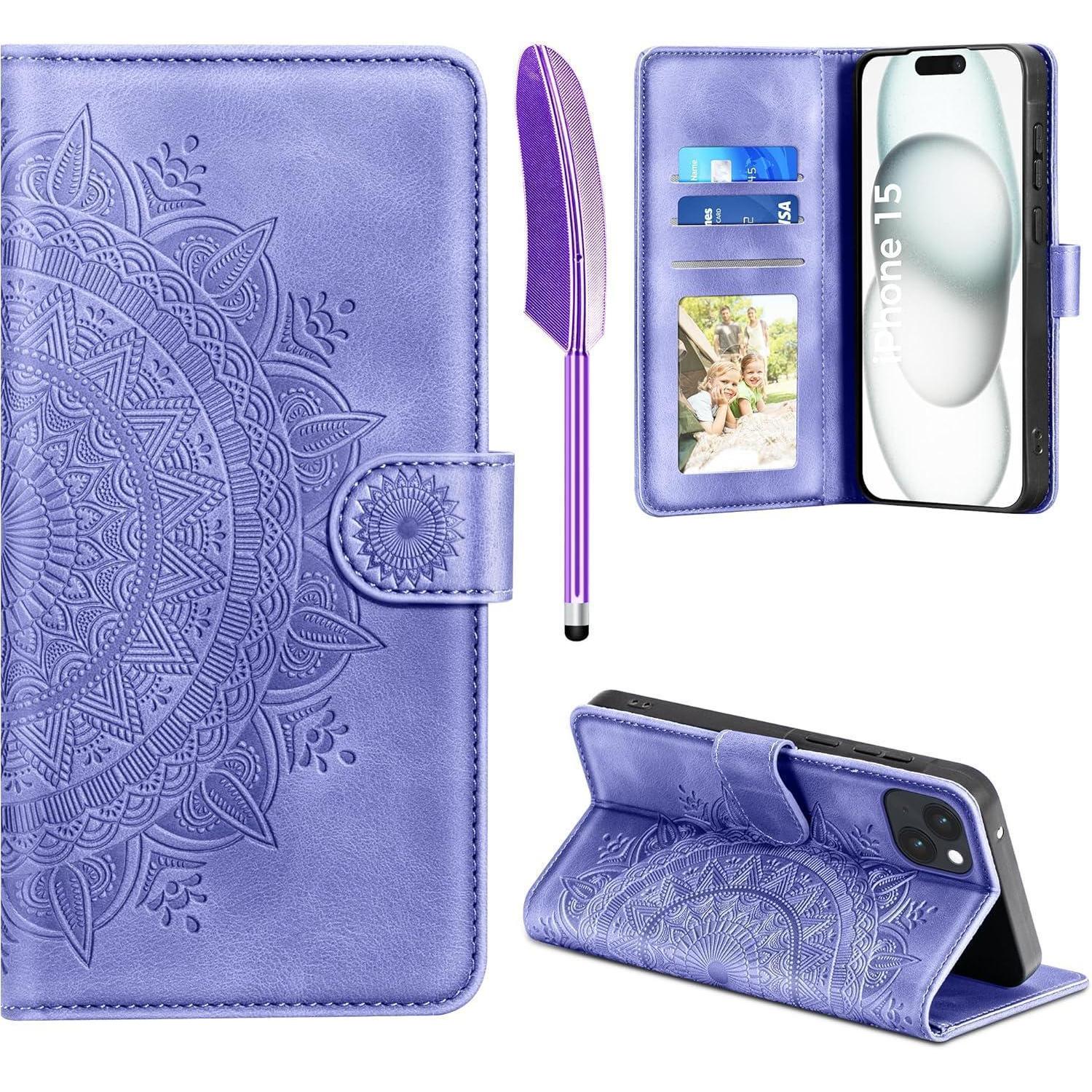 Iphone 15 Lederhülle Wallet Case Kartenfach Magnet Ständer Lila