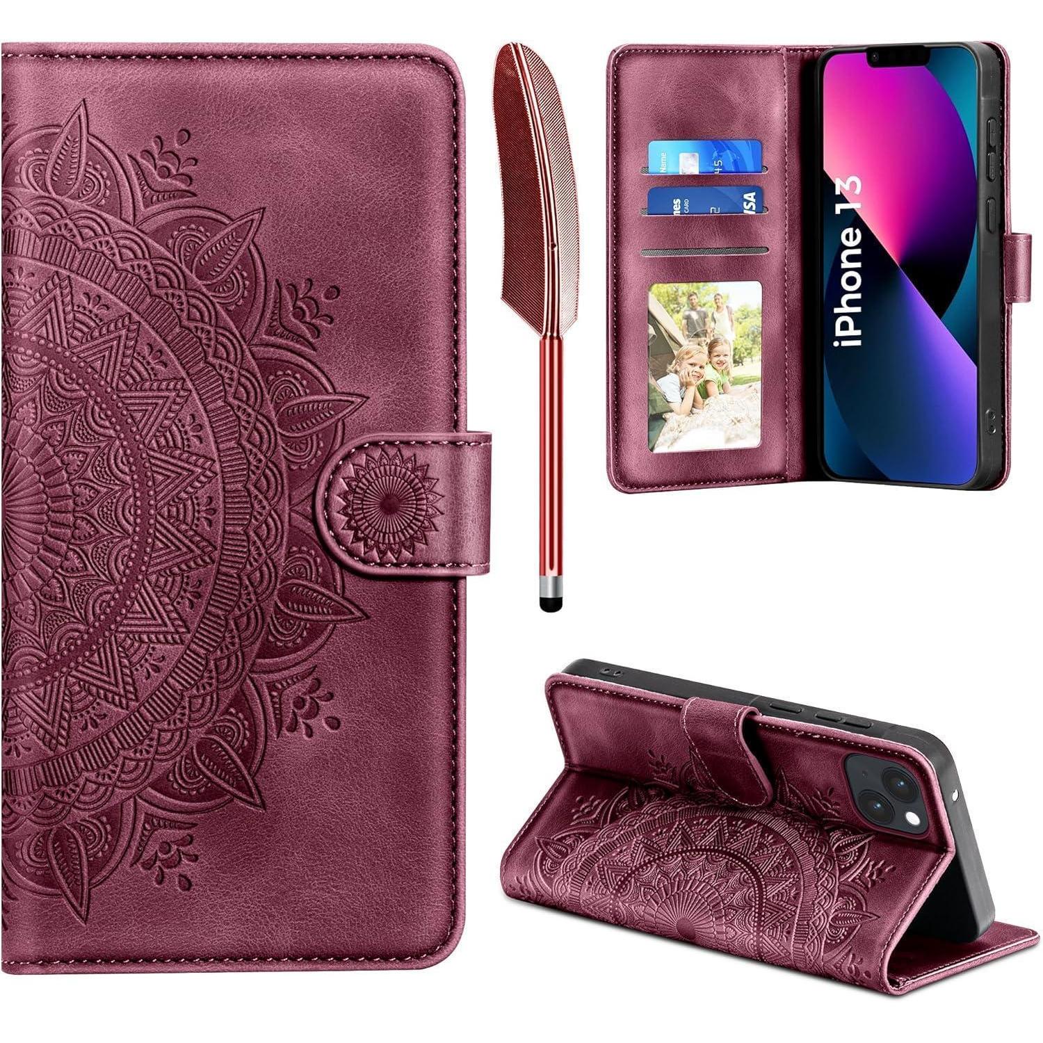 Easdnb Iphone 13 Lederhülle Wallet Case Weinrot