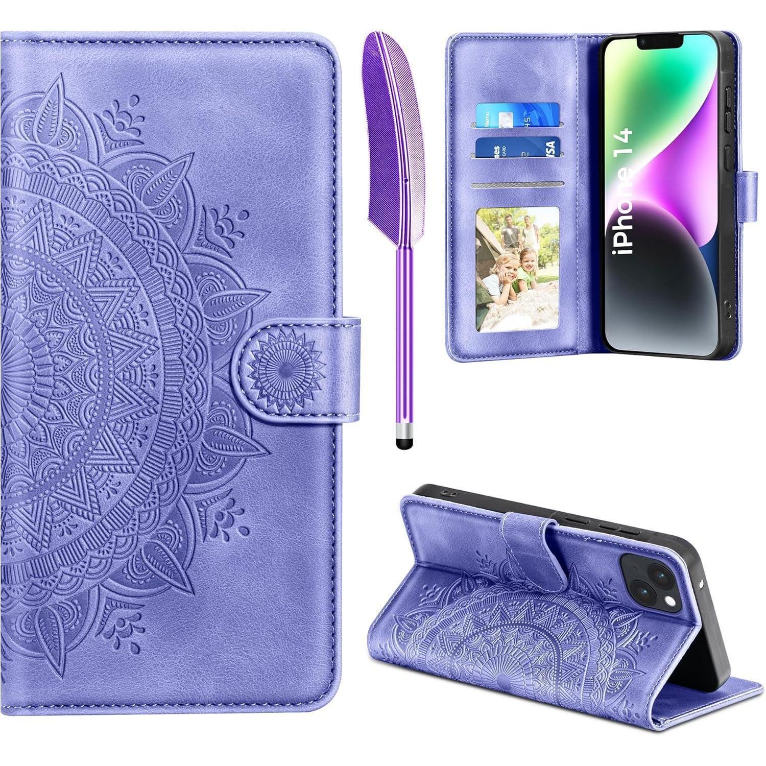 Easdnb Iphone 14 Lederhülle Wallet Case [lila] Prägung Magnet Ständer Schutz