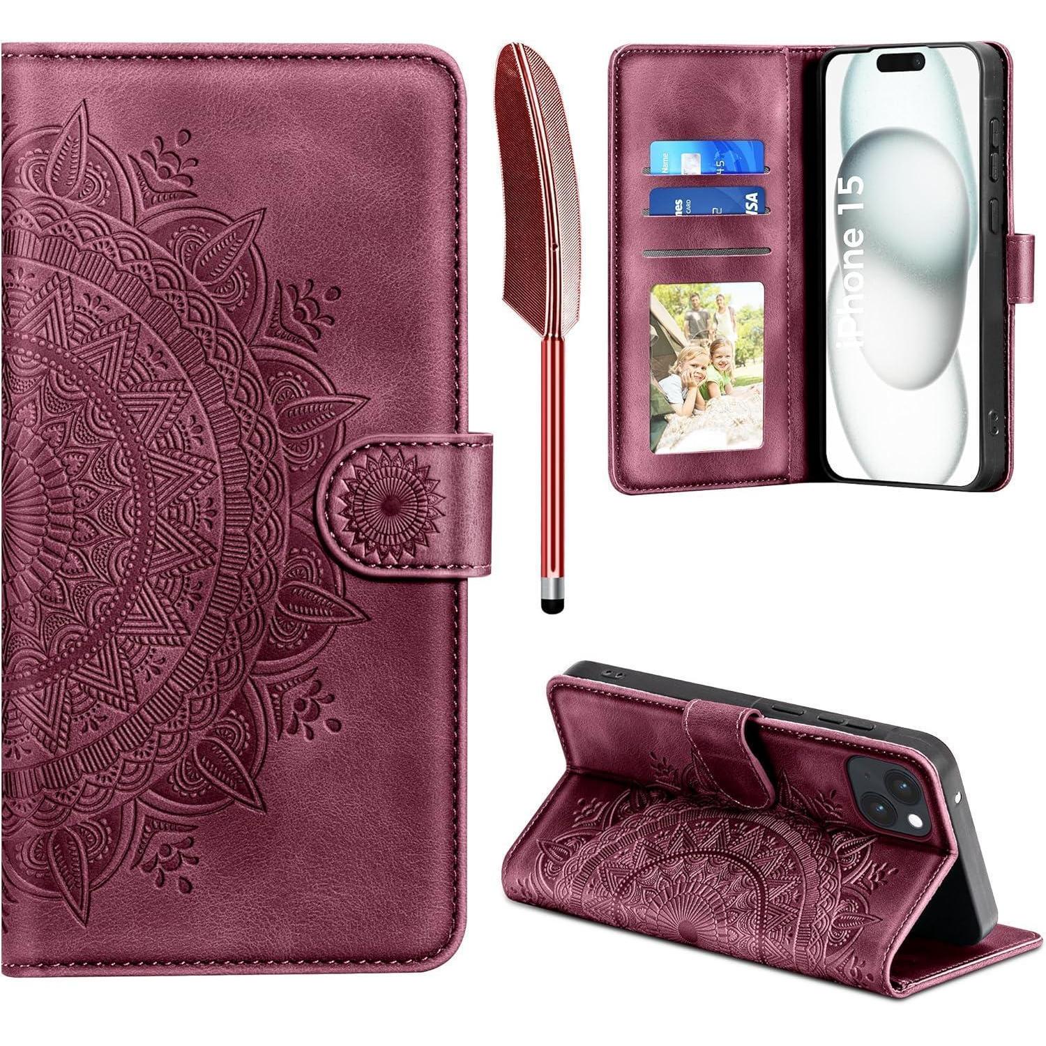 Easdnb Iphone 15 Lederhülle Flip Wallet Pu Case Weinrot