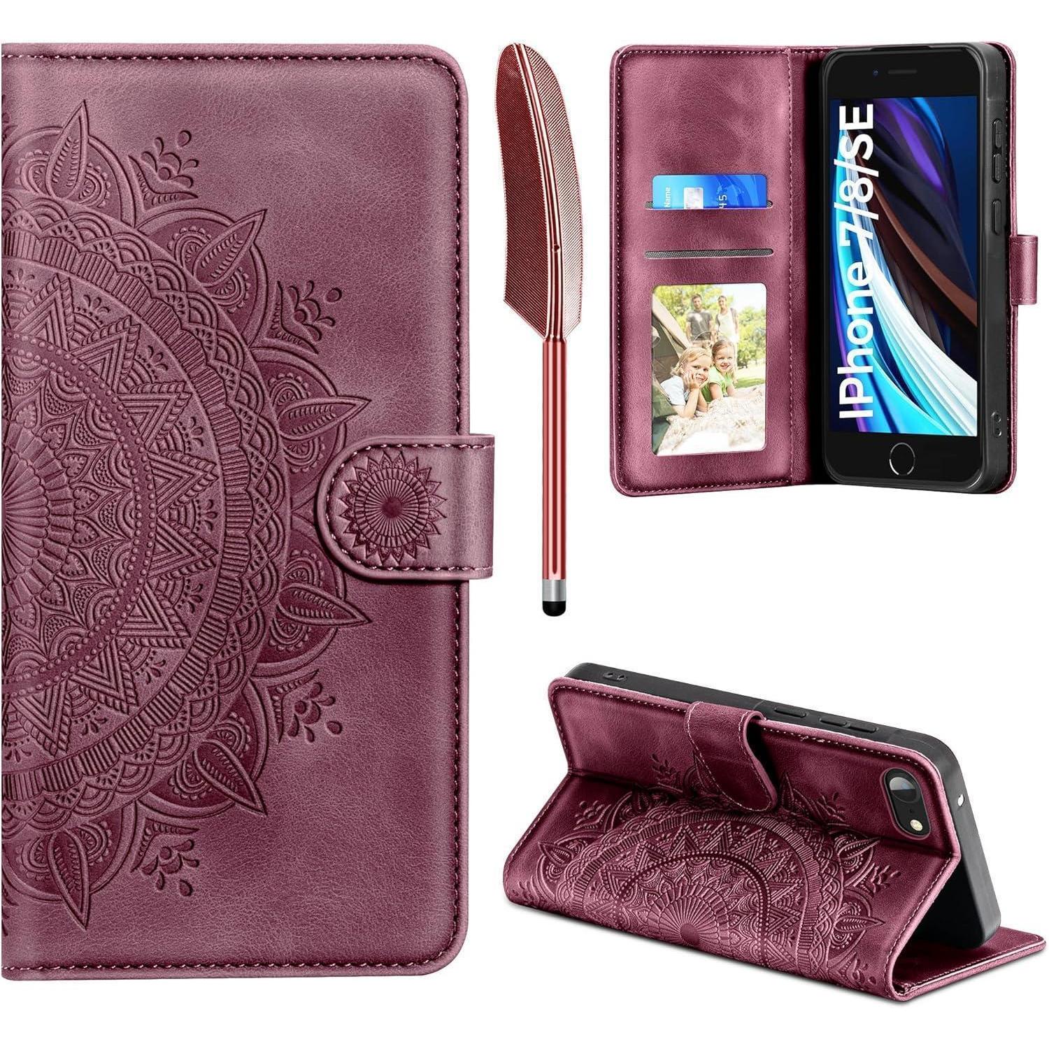 Handyhülle Iphone Se 2022/2020 7 8 Leder Flip Wallet Tasche Stand Weinrot