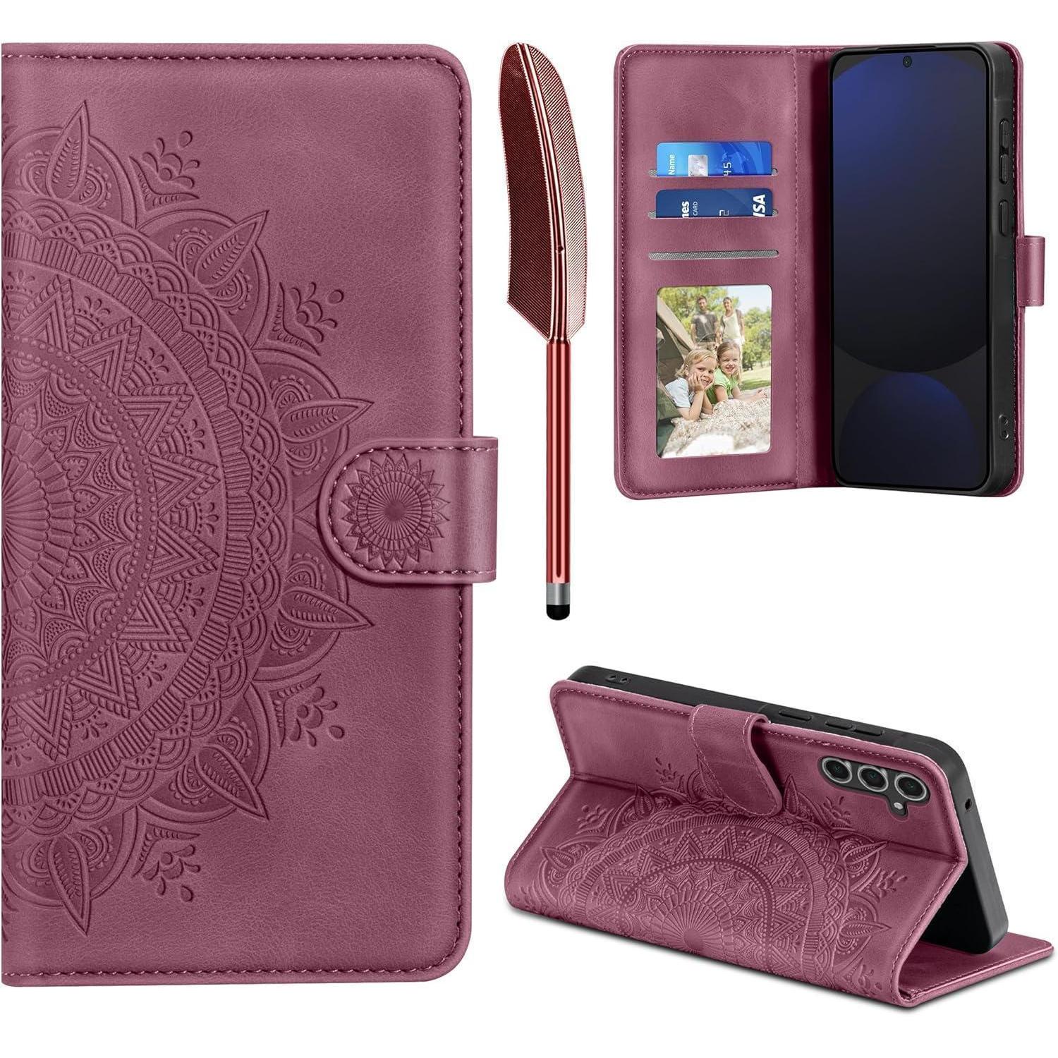 Handyhülle Flip Pu Leder Kartenfach Samsung Galaxy S24 Fe Weinrot