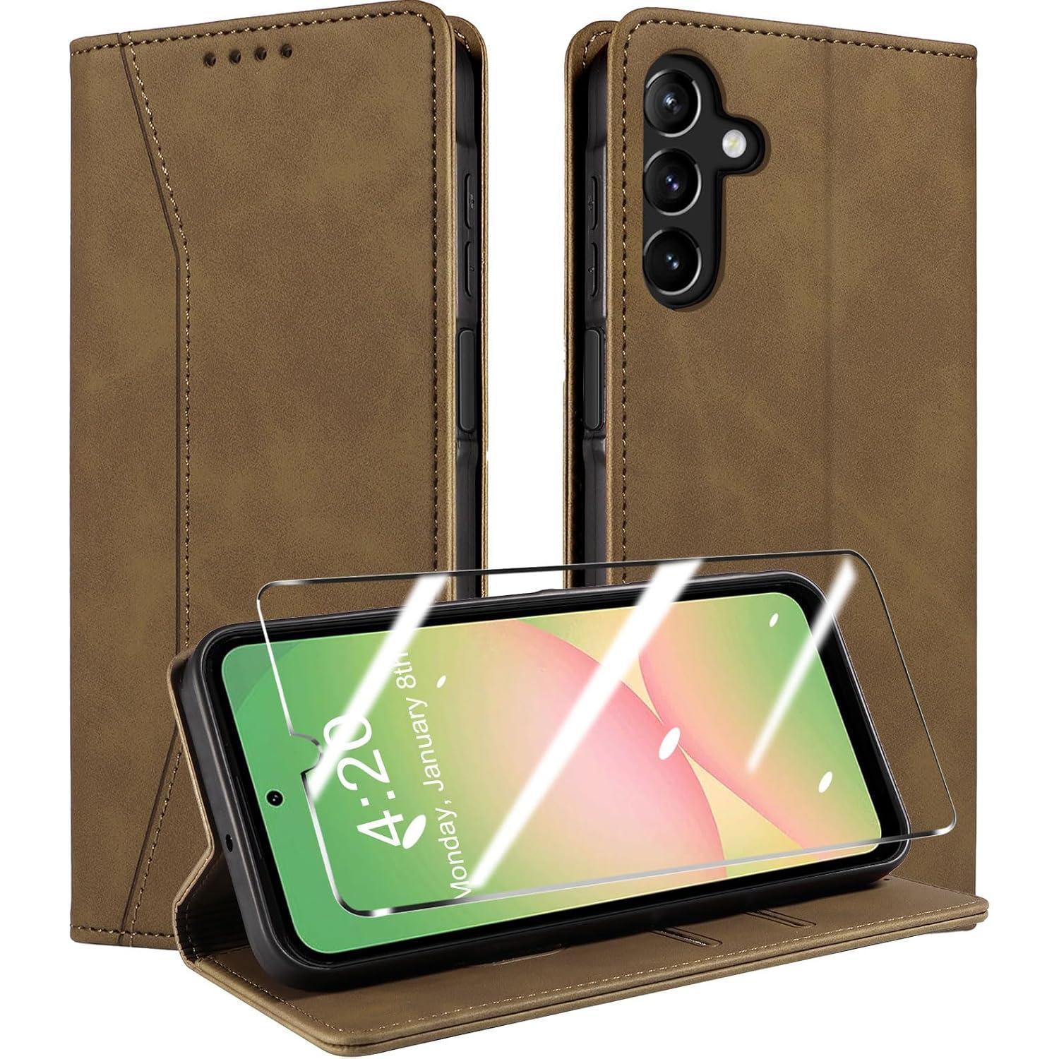 Handyhülle Panzerglas Leder Braun-a56 36 Samsung Galaxy A56 A36 5g