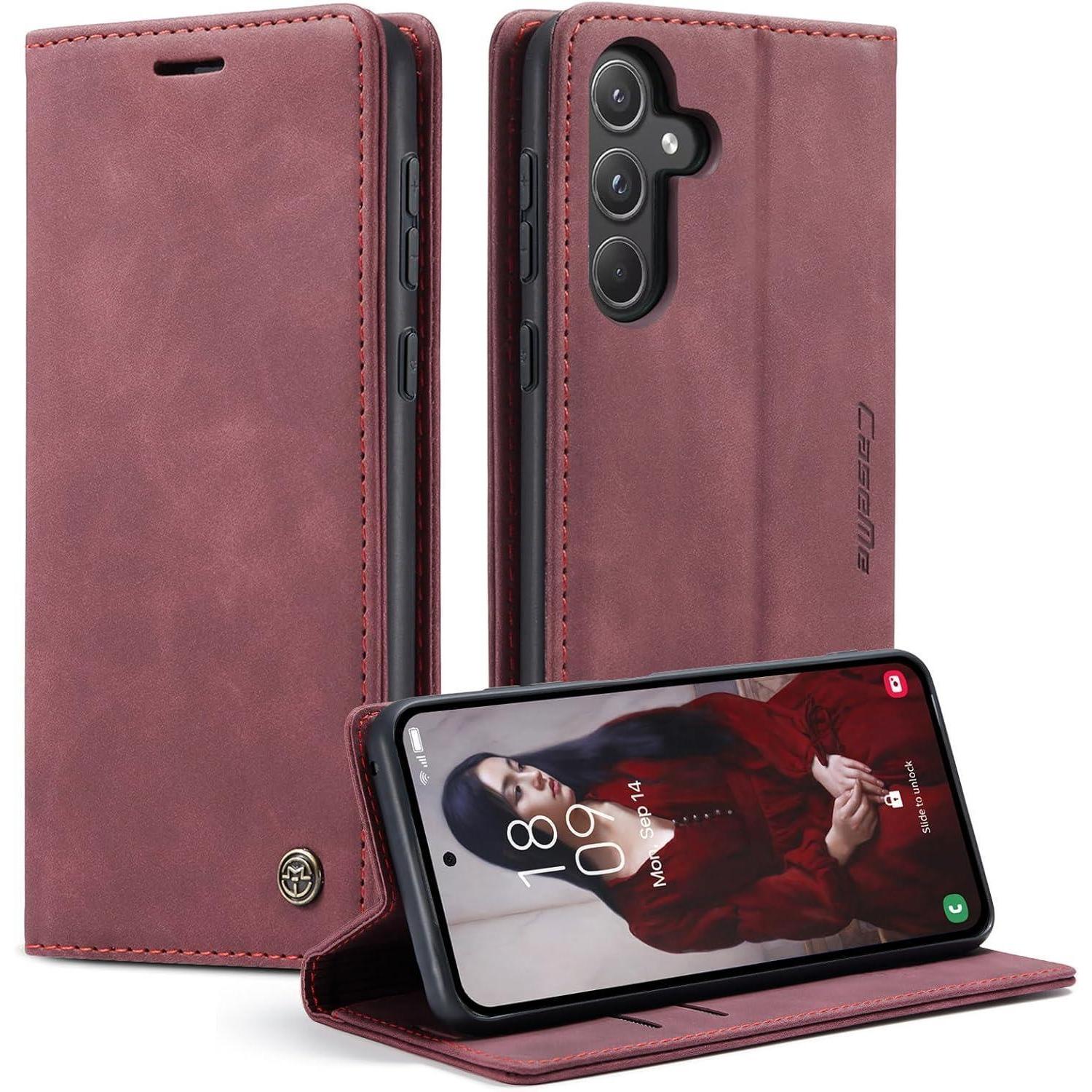 Samsung Galaxy A55 5g Handyhülle Weinrot Premium Leder Klapp Case