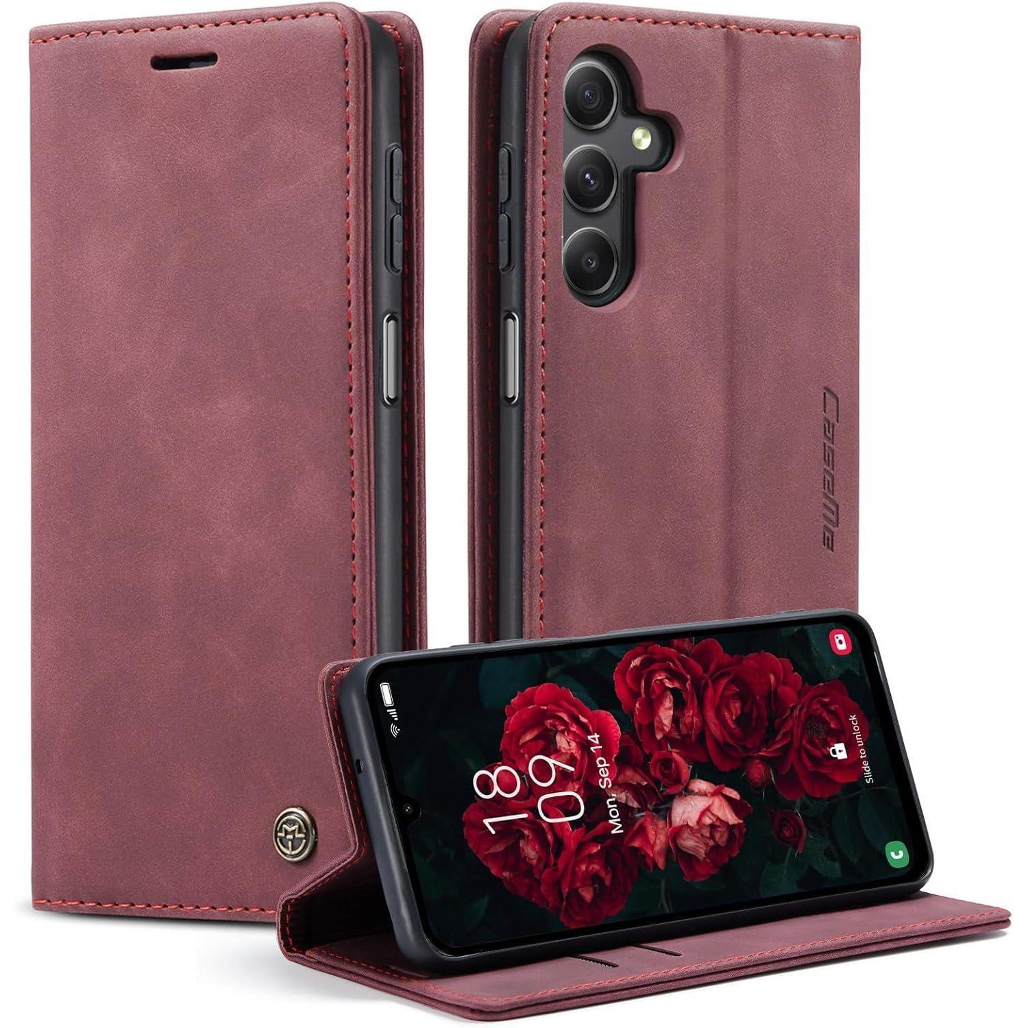 Samsung Galaxy A25 5g Handyhülle Premium Leder Flip Case Standfunktion Weinrot