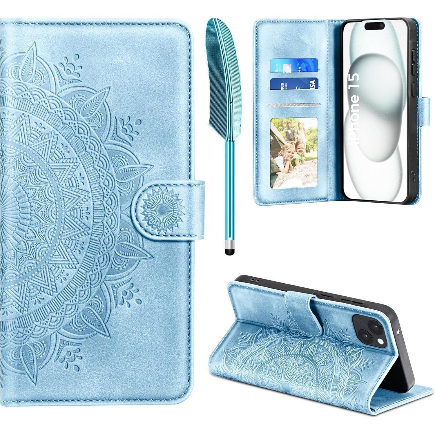 Lederhülle Iphone 15 Klapphülle Kartenfach Magnet Iphone 15 Himmelblau