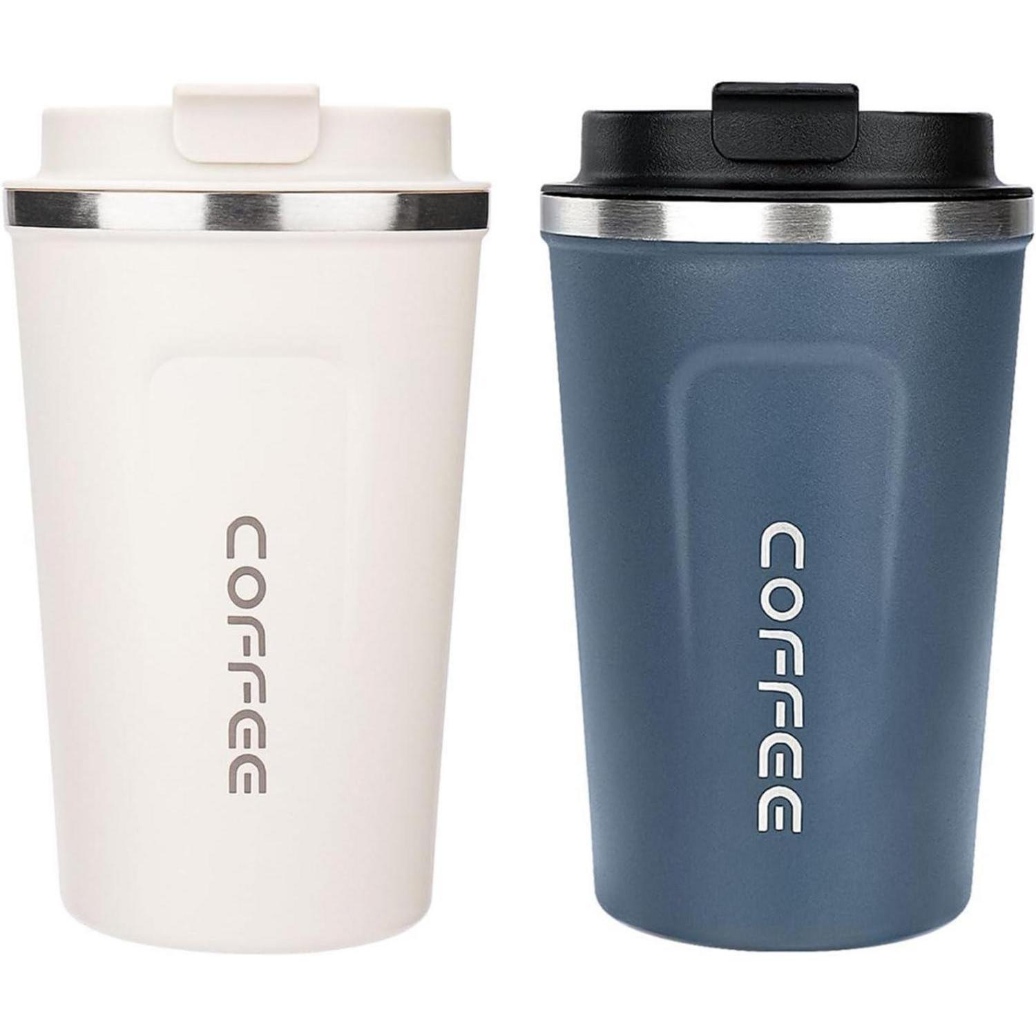 Thermobecher Kaffeebecher Edelstahl Deckel 380 Ml 2er Set Weiß Blau