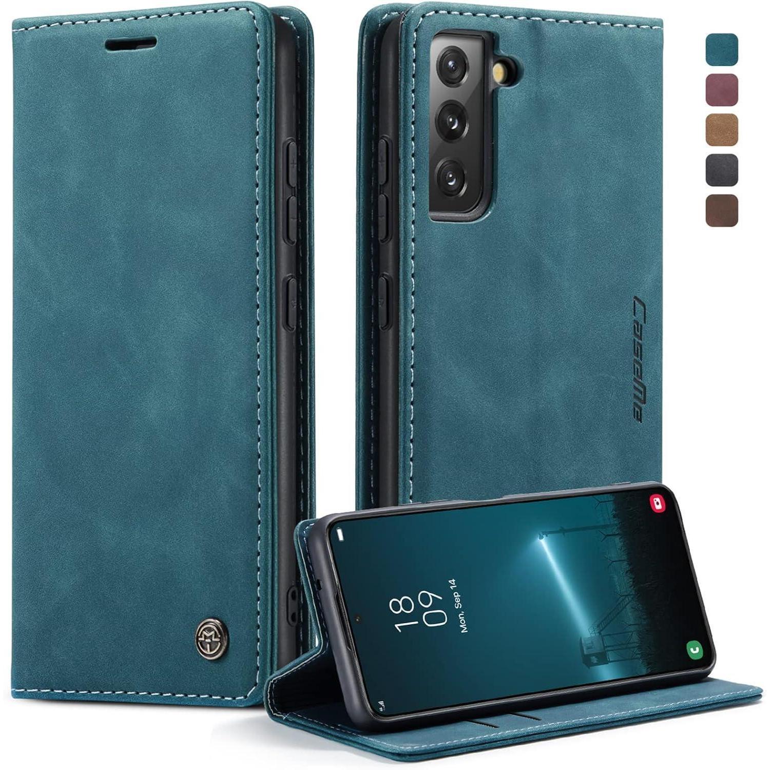Caseme Samsung Galaxy S22 5g Hülle Leder Klappbar Standfunktion Tasche Blaugrün