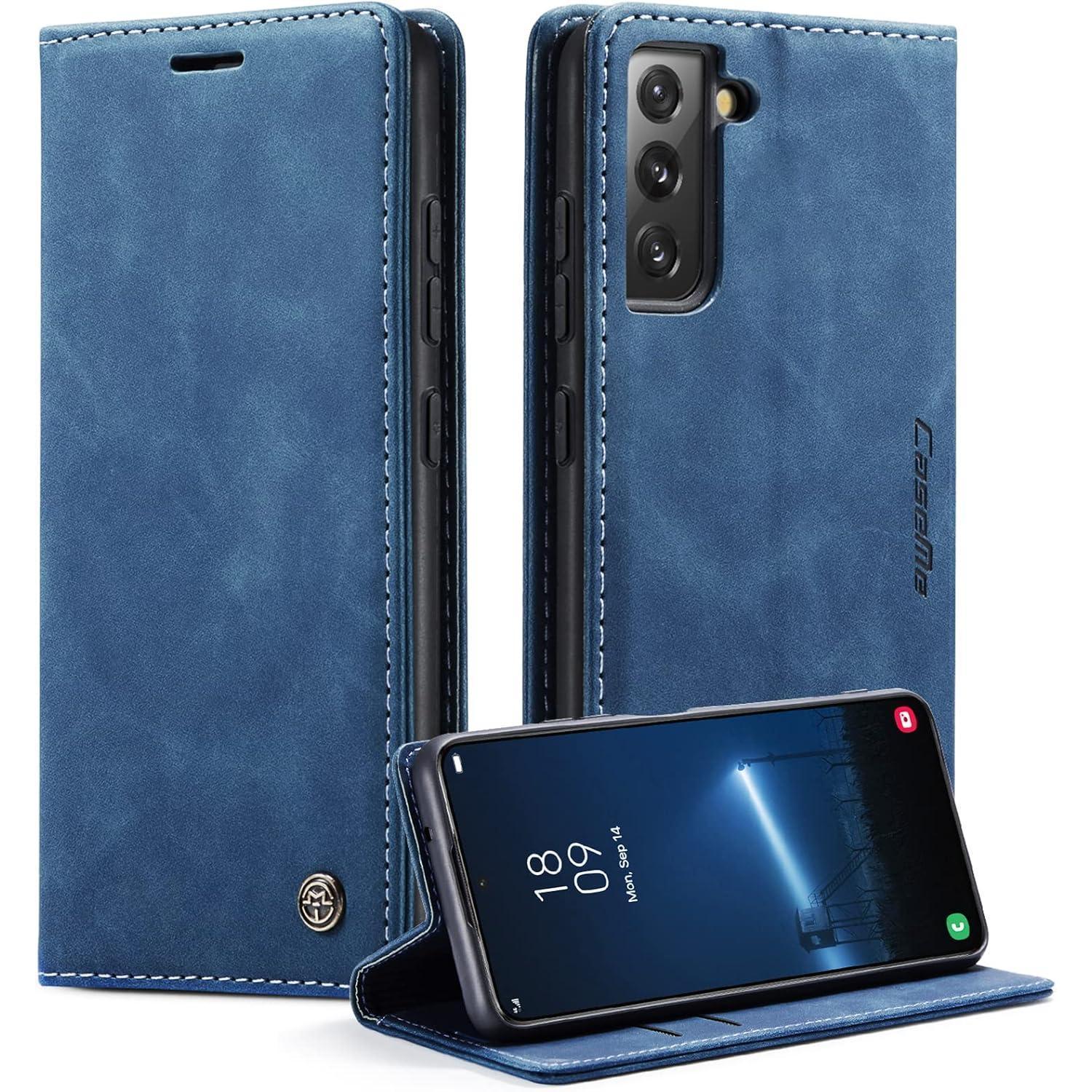 Caseme Samsung Galaxy S22 5g Hülle Leder Klappbar Flip Tasche Blau