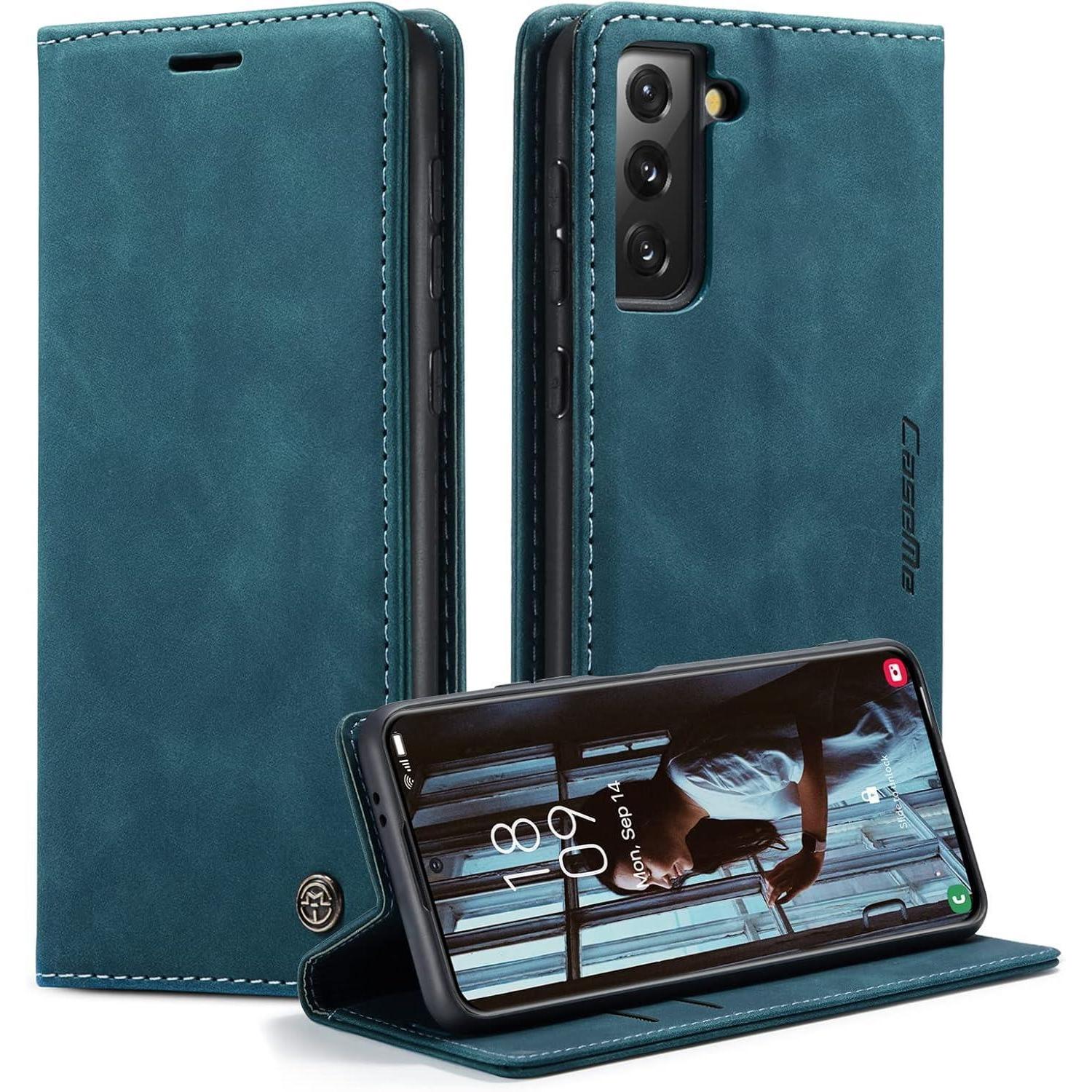 Samsung Galaxy S21 5g Caseme Handyhülle Premium Leder Flip Cover Blaugrün