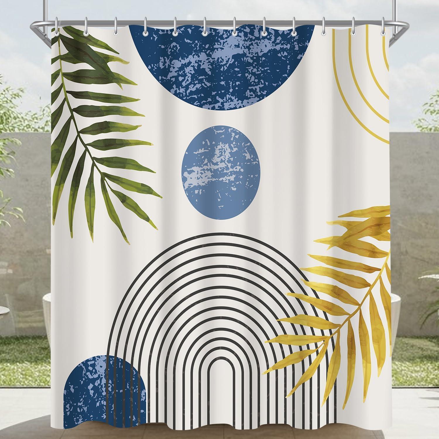 Duschvorhang 180x200 Polyester Blau Goldene Blätter Linie 180 X 200 Cm
