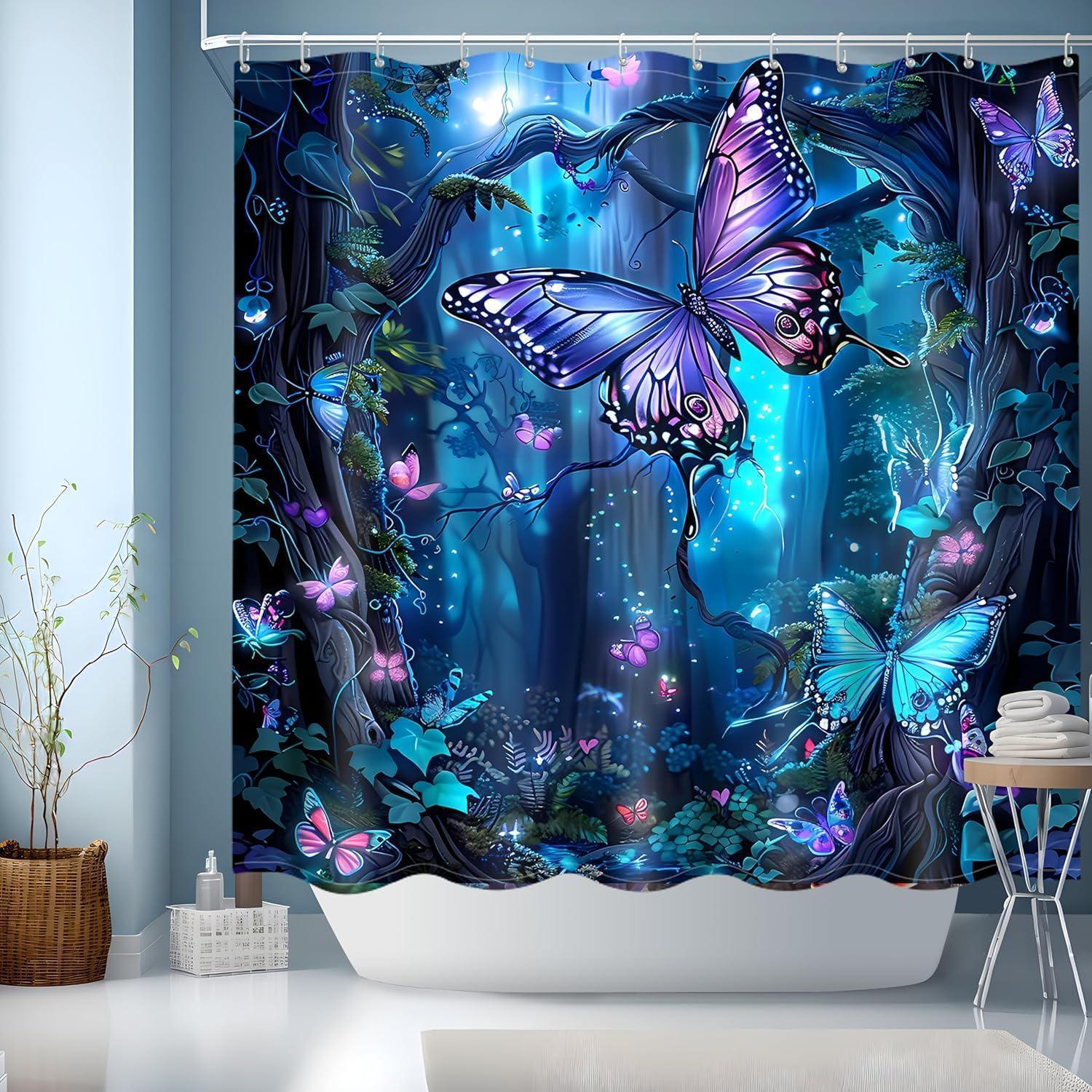 Duschvorhang Blau 180x180 Bunt Motiv Wasserdicht Schnell Trocknend 12 Ringe