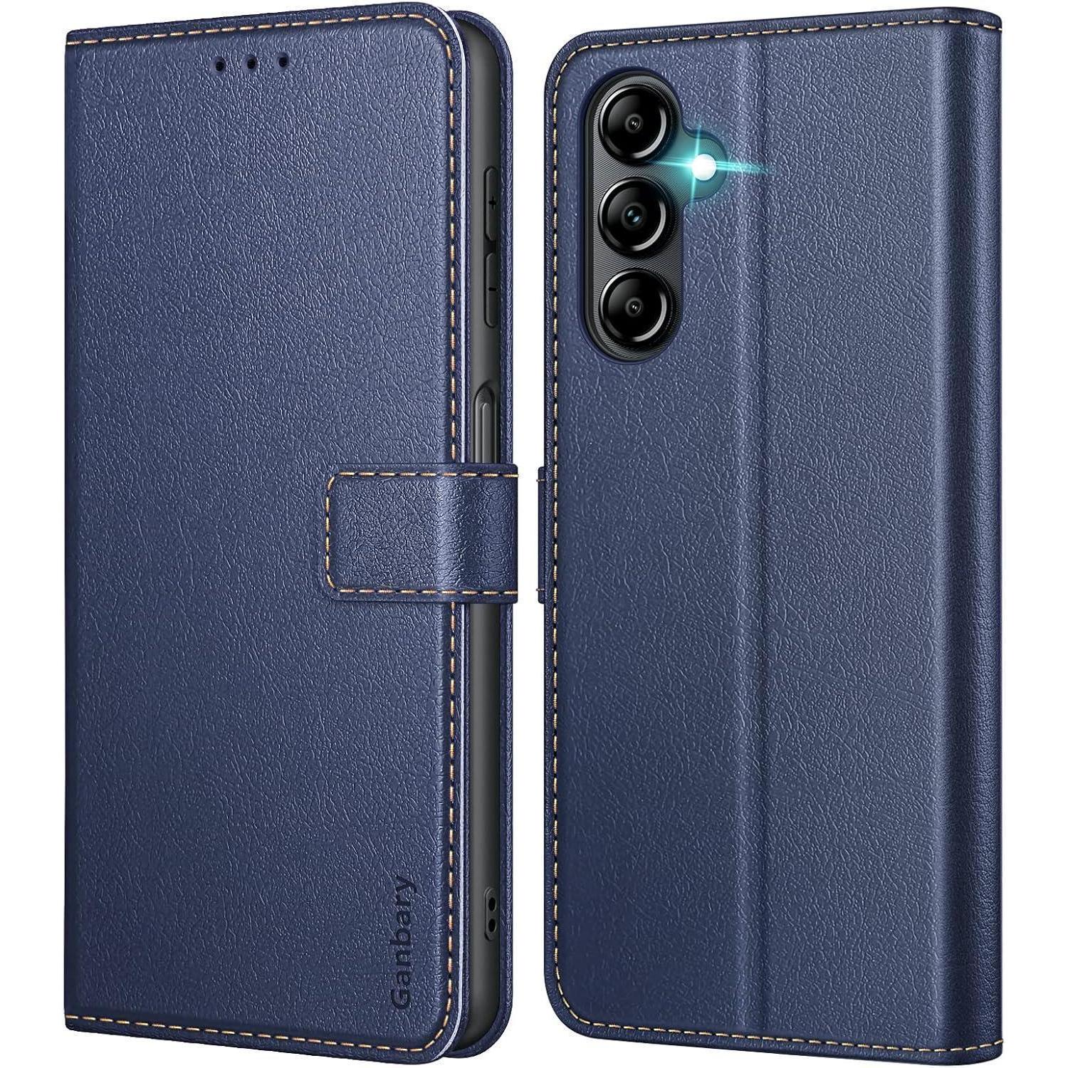 Ganbary Samsung Galaxy A14 4g 5g Leder Hülle Blau Magnet Standfunktion