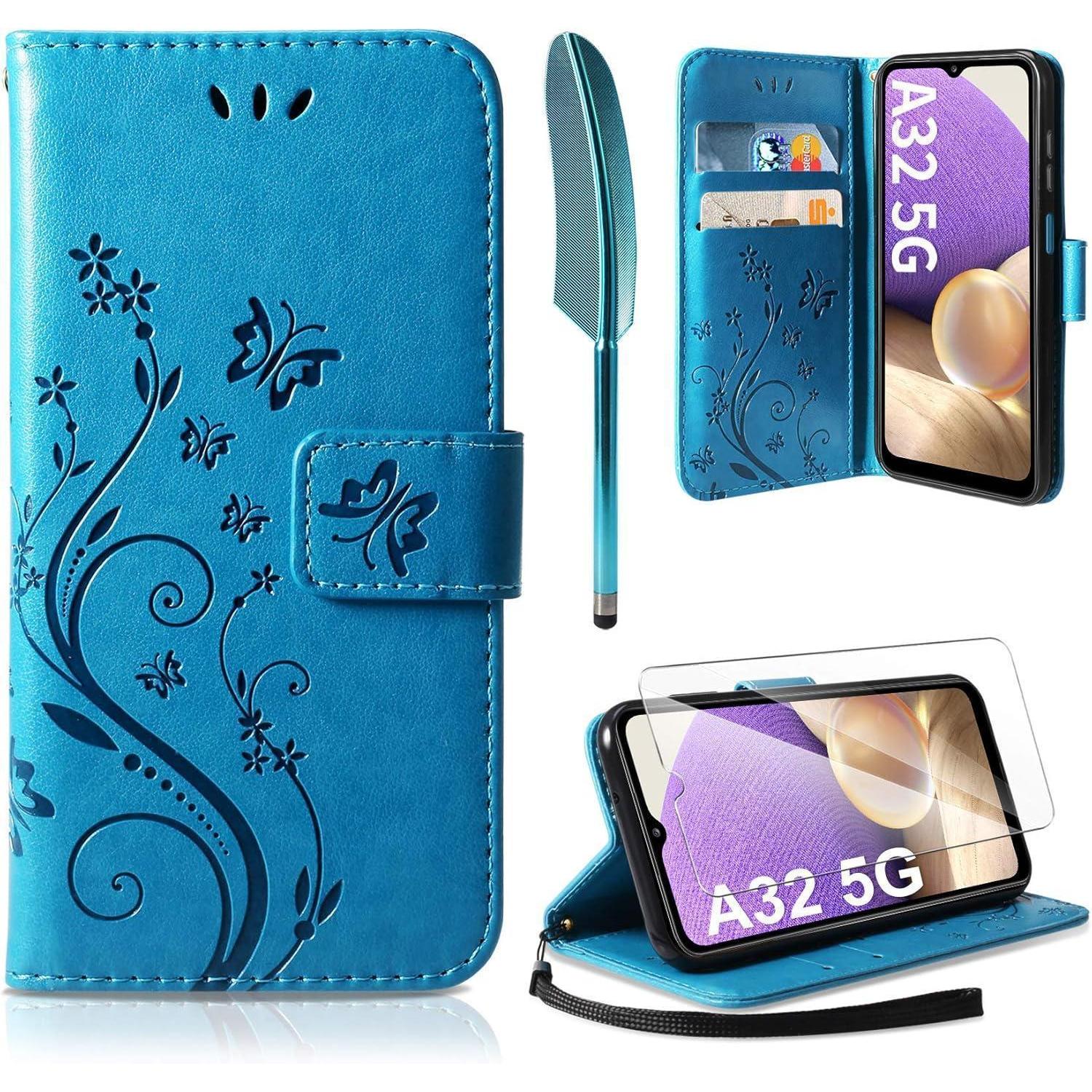 Aroyi Samsung Galaxy A32 5g Hülle Schutzhülle Blau Pu Leder Flip Wallet