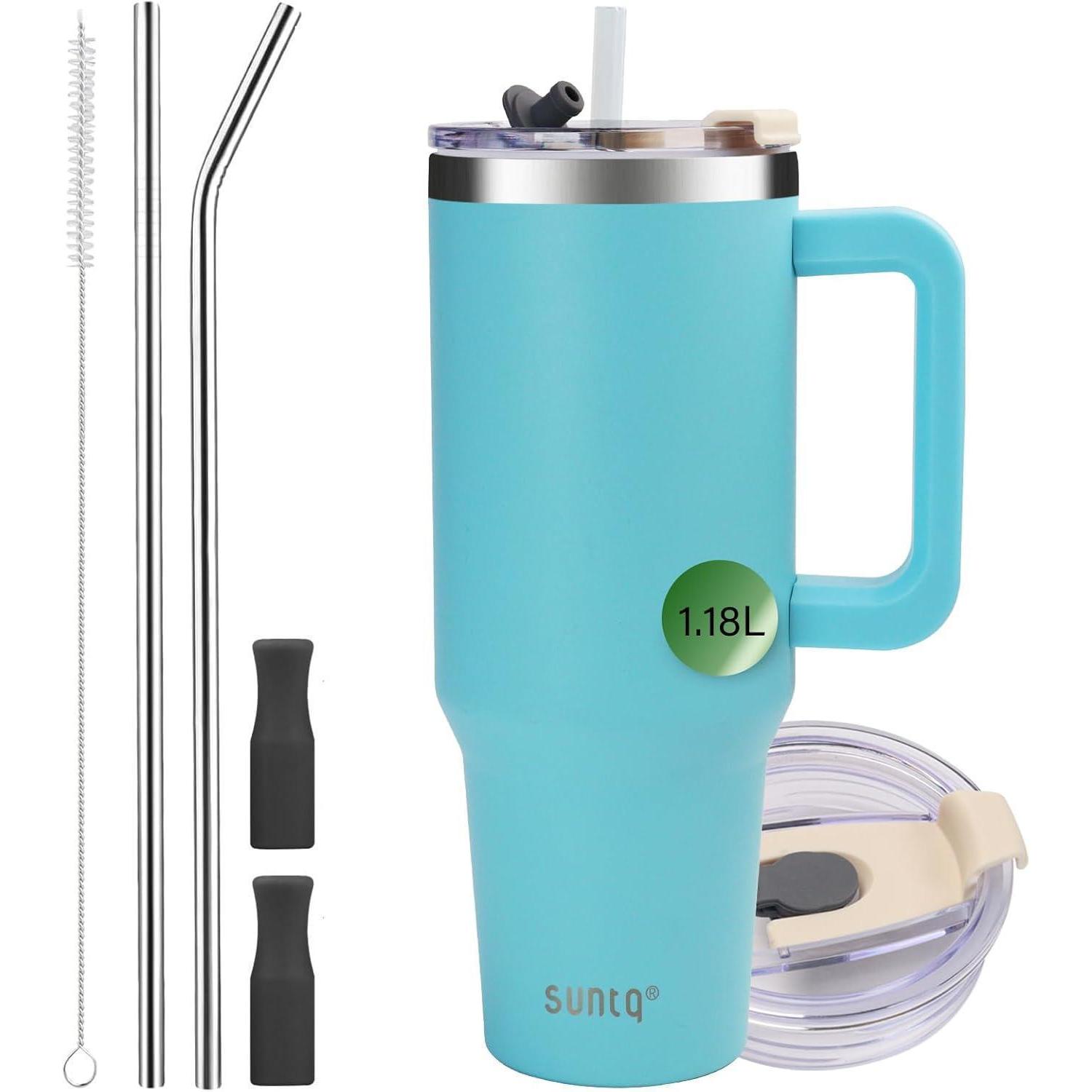 40oz Suntq Travel Coffee Mug With Handle Straw Lid Stainless Steel Tumbler Blue