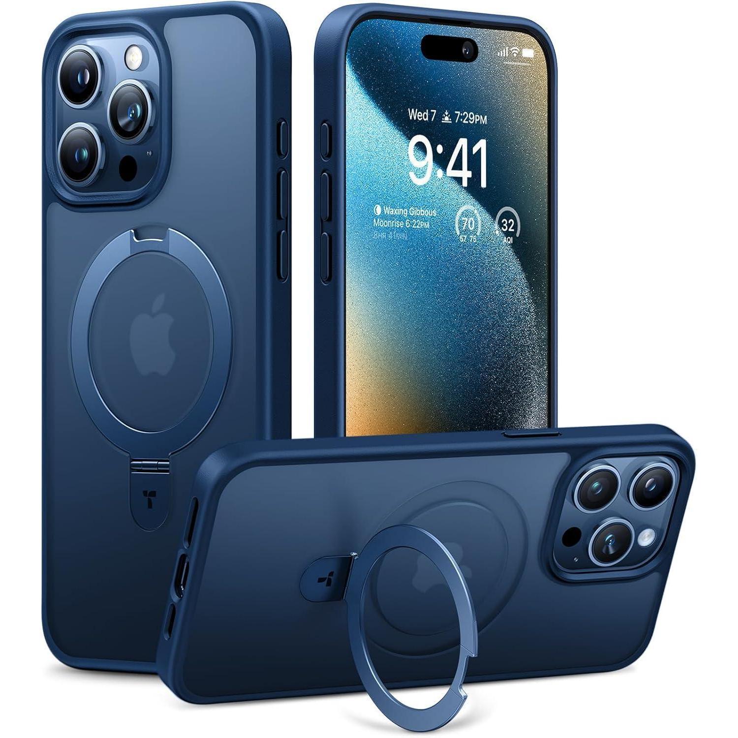 Torras Ostand Iphone 15 Pro Max Hülle Magsafe Militärschutz Blau