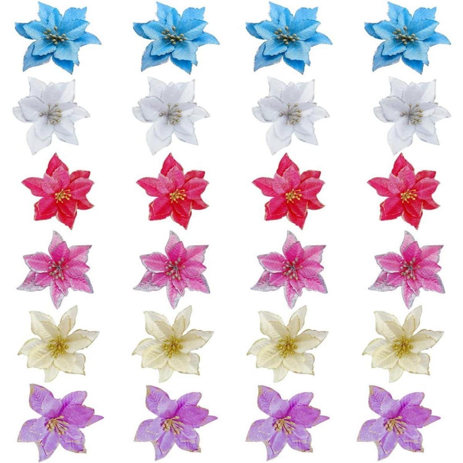 24x Weihnachtsstern Künstliche Blumen Set In Rot Gold Blau Rosa Glitzer