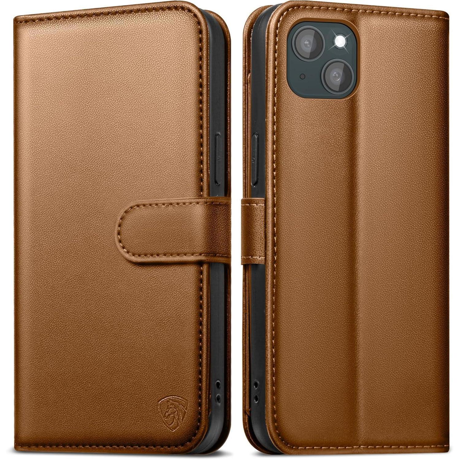 Easdnb Iphone 15 Handyhülle Lederhülle Braun Mit Panzer Glas Standfunktion