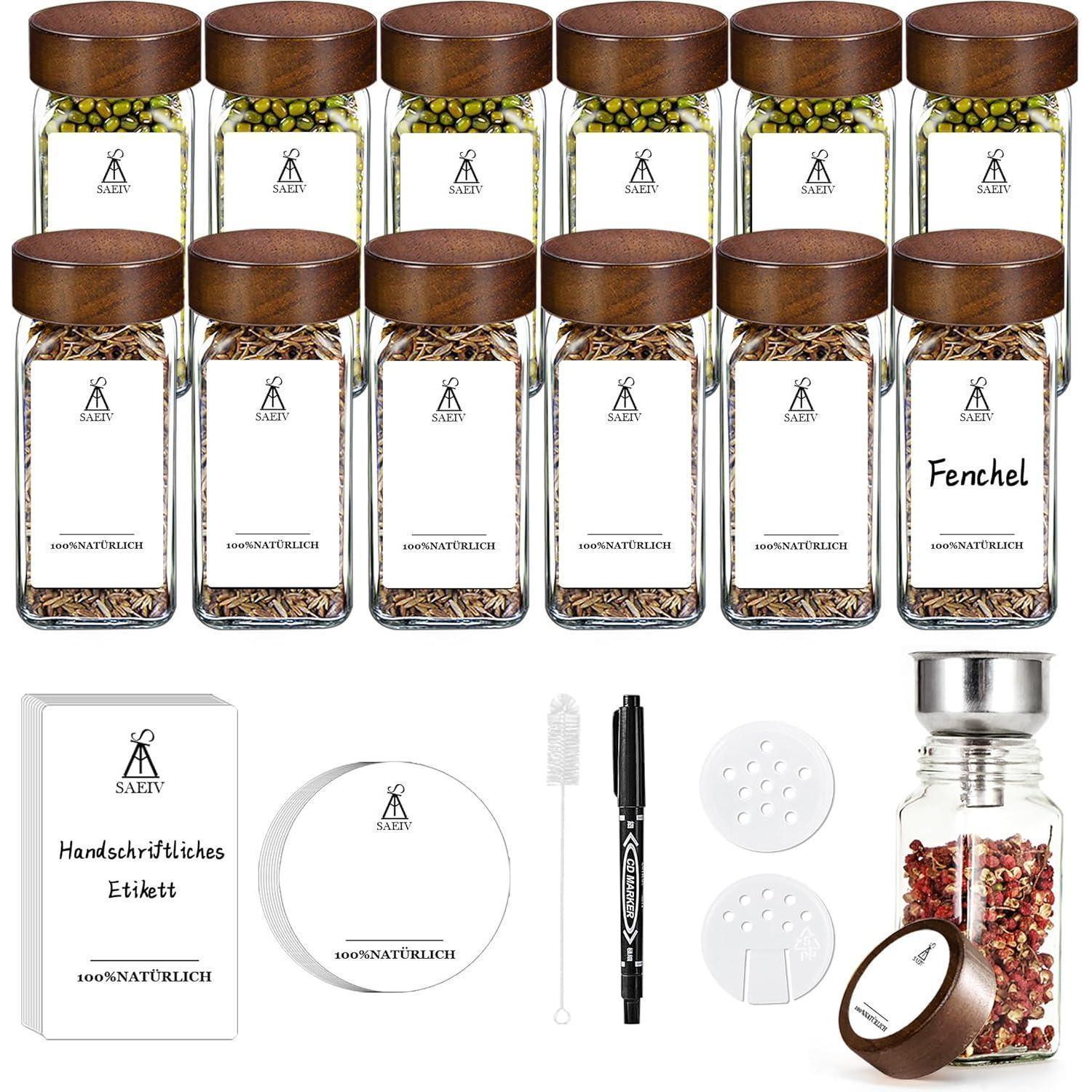 Gewürzgläser 12er Set Quadratisch 120ml Akazienholzdeckel E