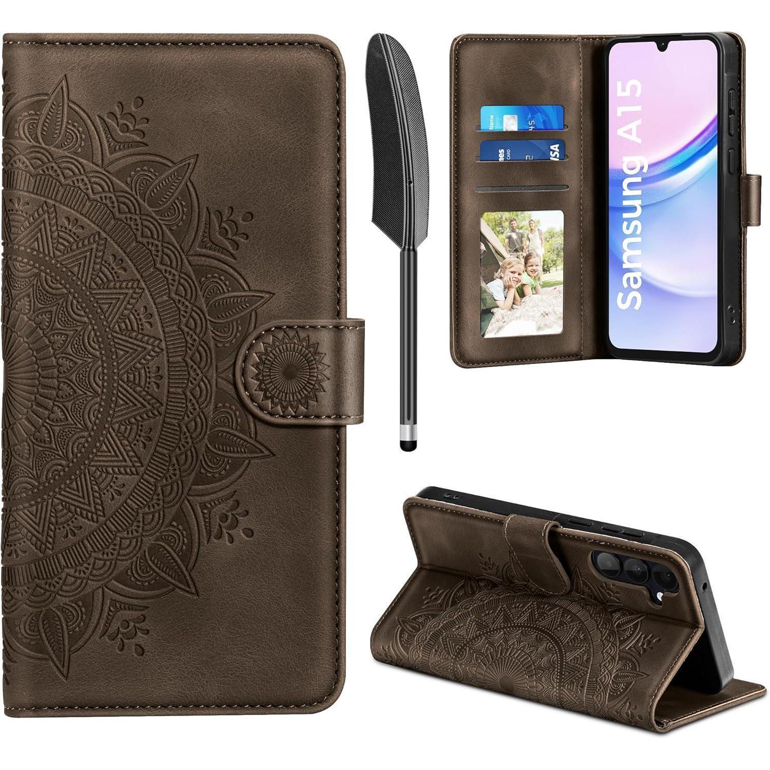 Handyhülle Leder Klapphülle A15 5g Kartenfach Samsung Galaxy A15 Braun