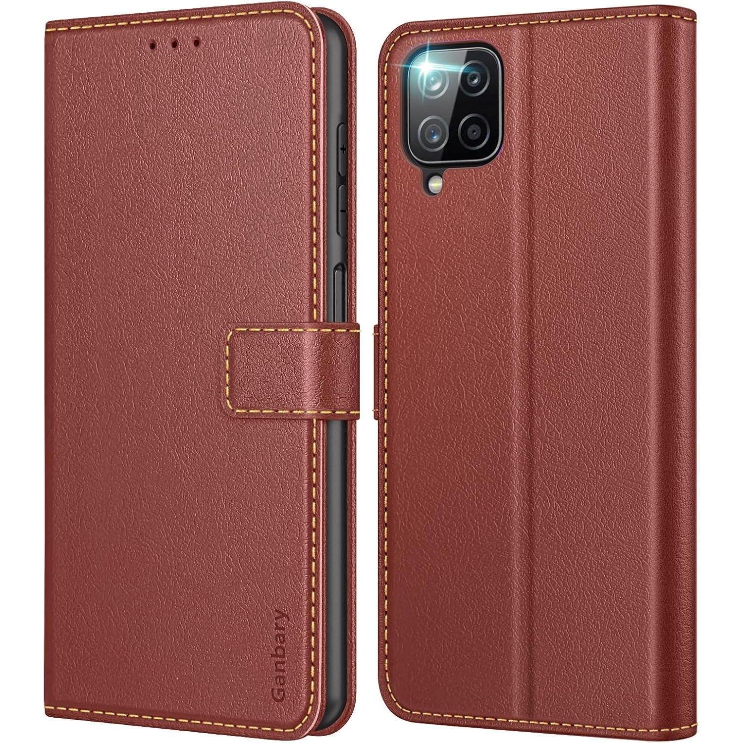 Ganbary Samsung Galaxy A12 /m12 Leder Handyhülle Braun Standfunktion