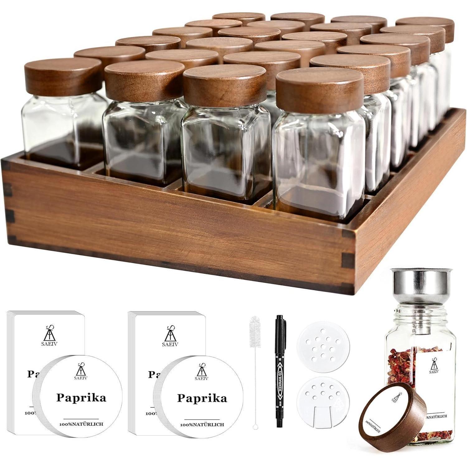 Gewürzregal Bambus Holz 24 Fächer 120ml-gläser Organizer Etiketten Ständer