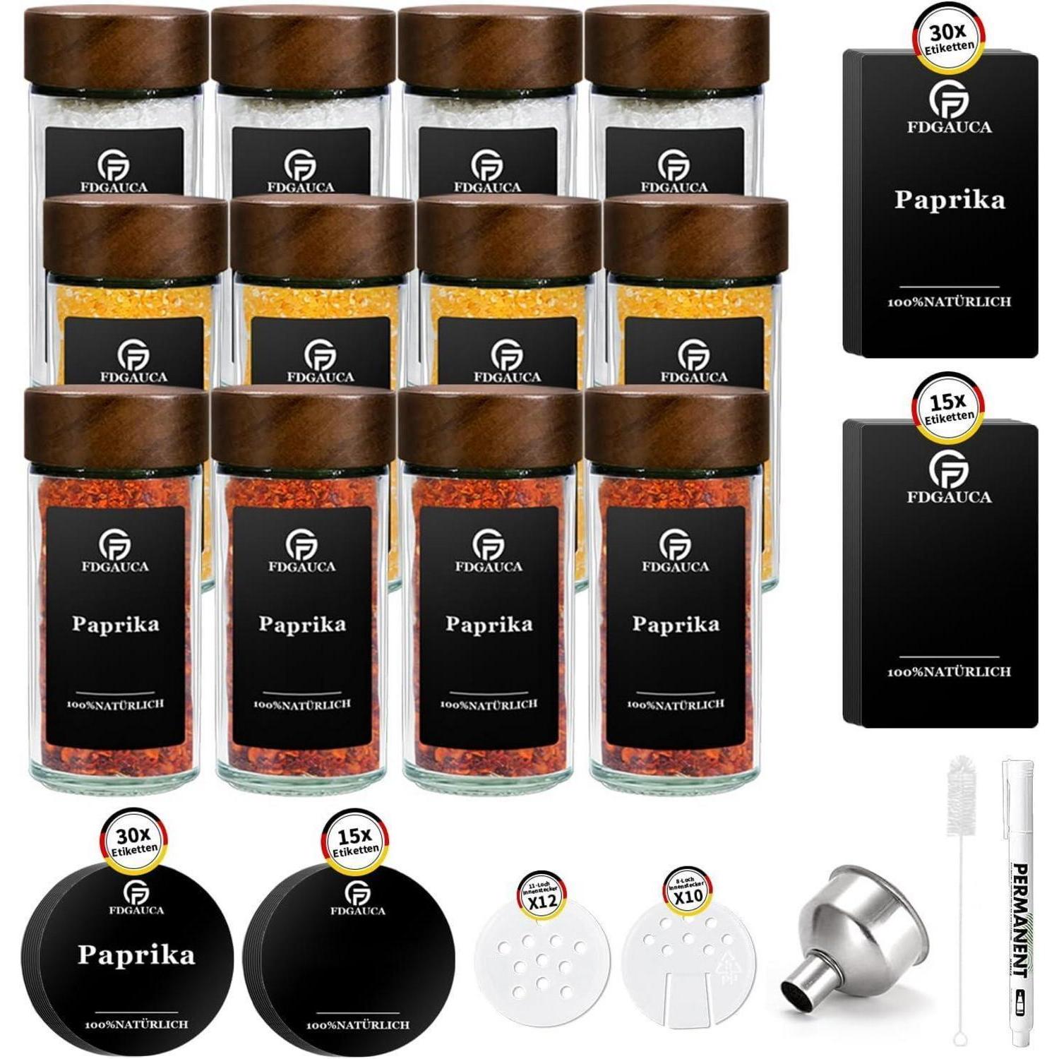Saeiv Akazienholz Gewürzgläser Set 12 Gewürzdosen 180 Etiketten 100ml Glas